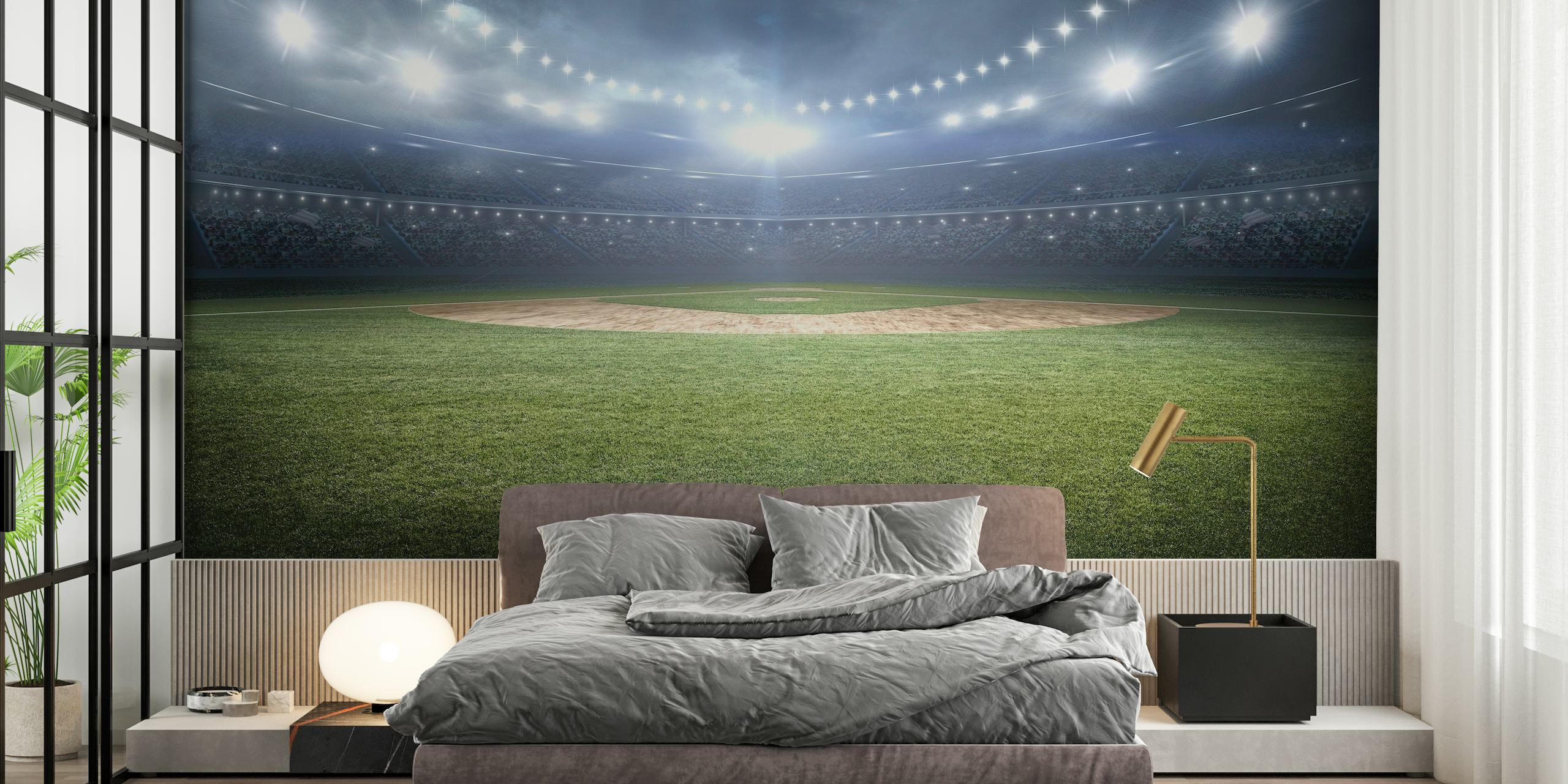 Panoramische muurschildering van een honkbalstadion 's nachts met verlichte lichten die over het veld schijnen