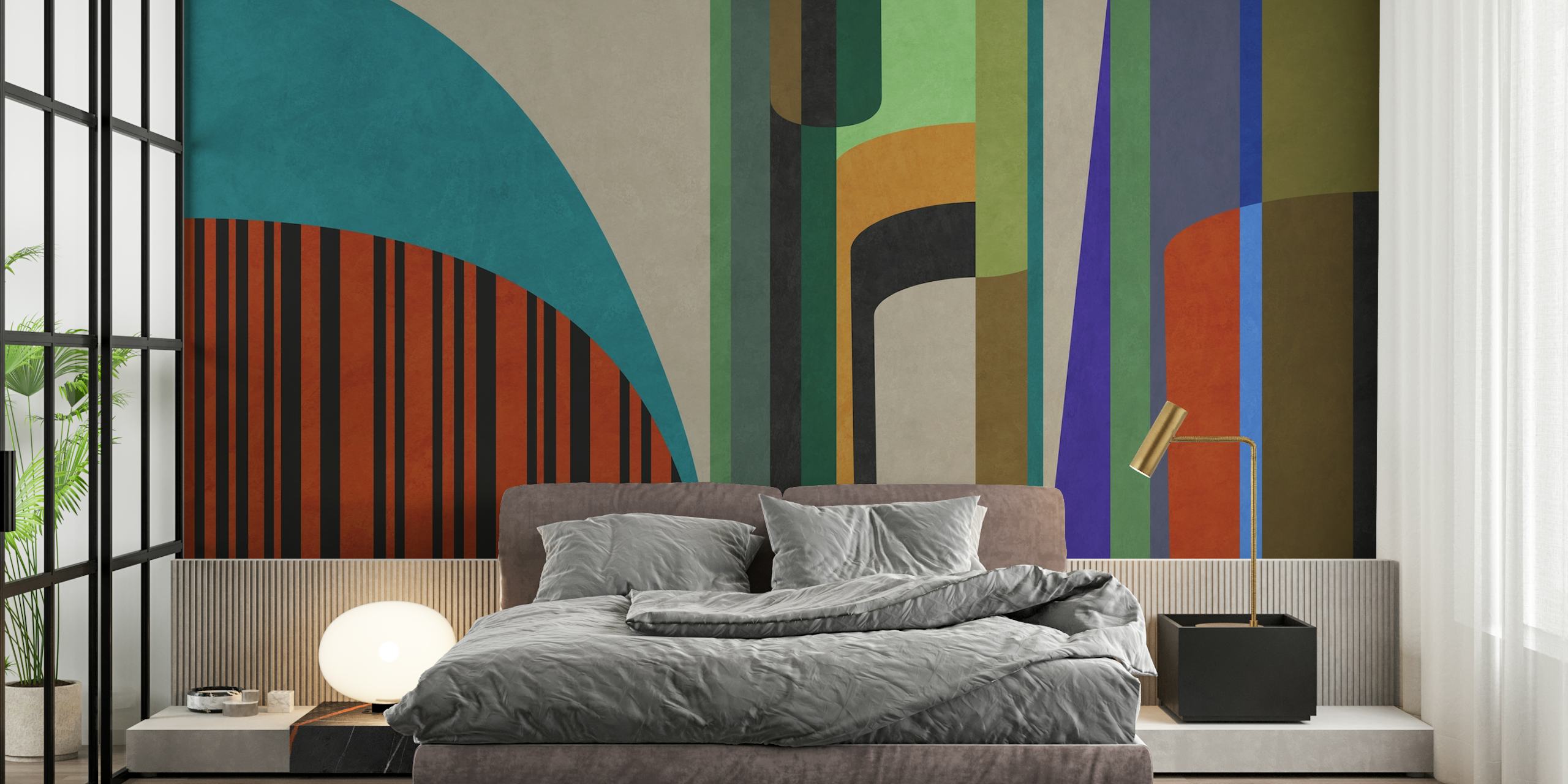 Colorful striped and curved geometric shapes wallpaper