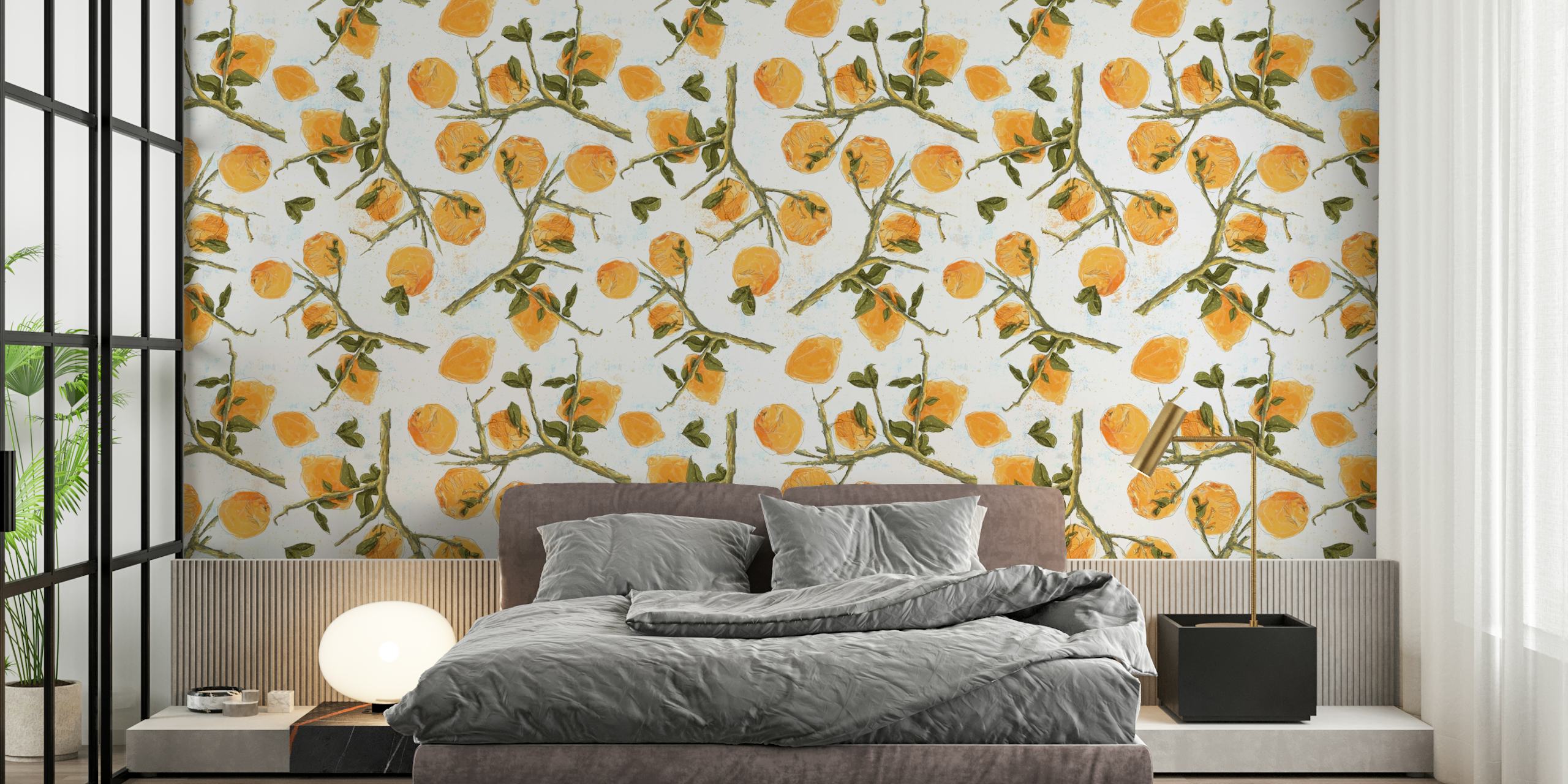 Lemons on White wall mural with illustrated citrus fruits and green leaves