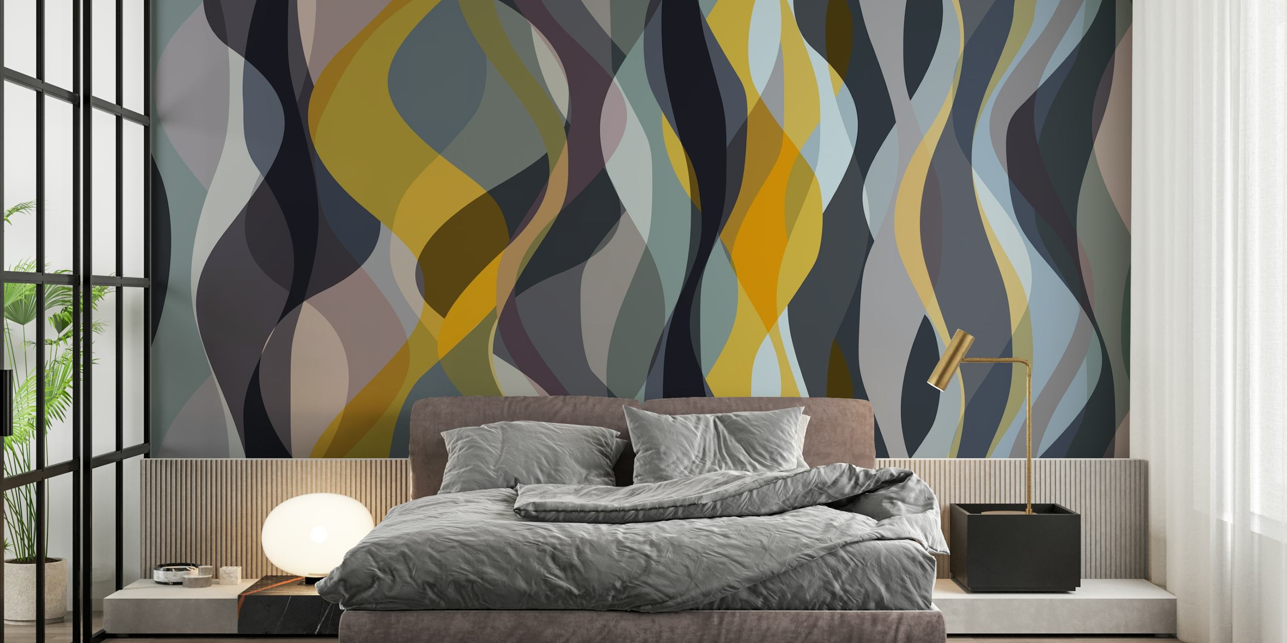 Wavy abstract pattern in gray, yellow, and blue wallpaper