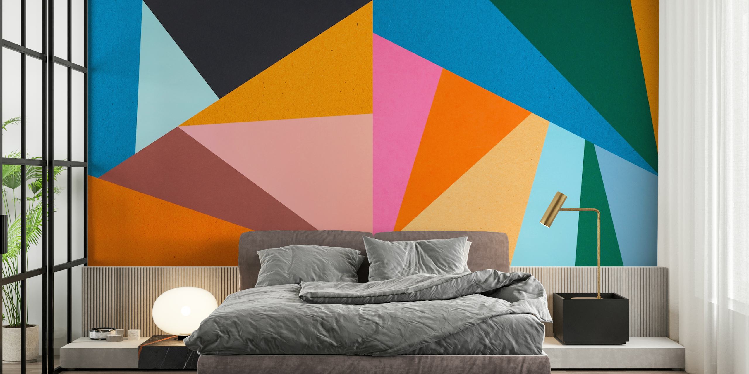 Χρωματιστό γεωμετρικό σχέδιο τοιχογραφίας με μια σειρά από φωτεινά τρίγωνα.