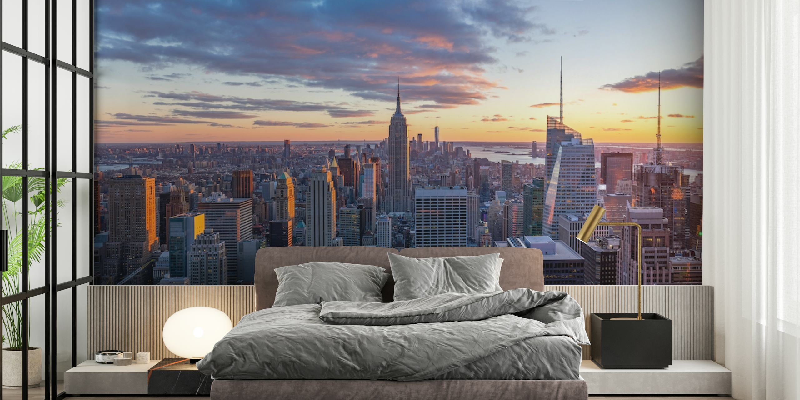 Panoramisk veggmaleri av skyskrapere i New York i skumringen