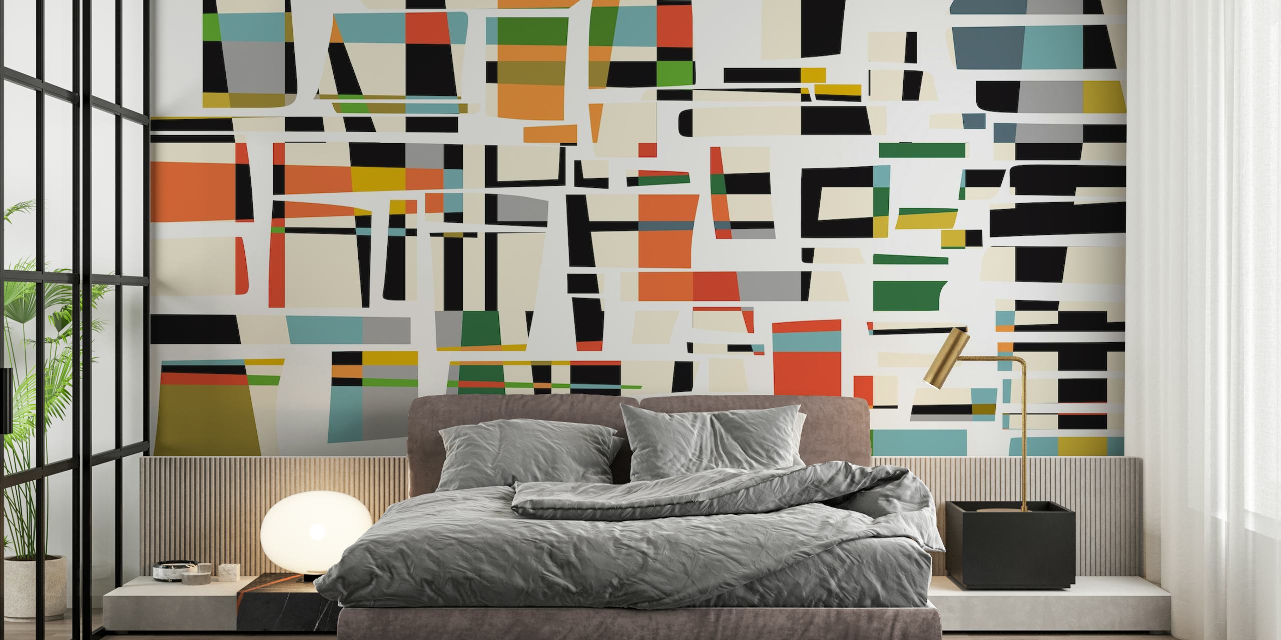 Colorful geometric shapes in various colors on a neutral background wallpaper
