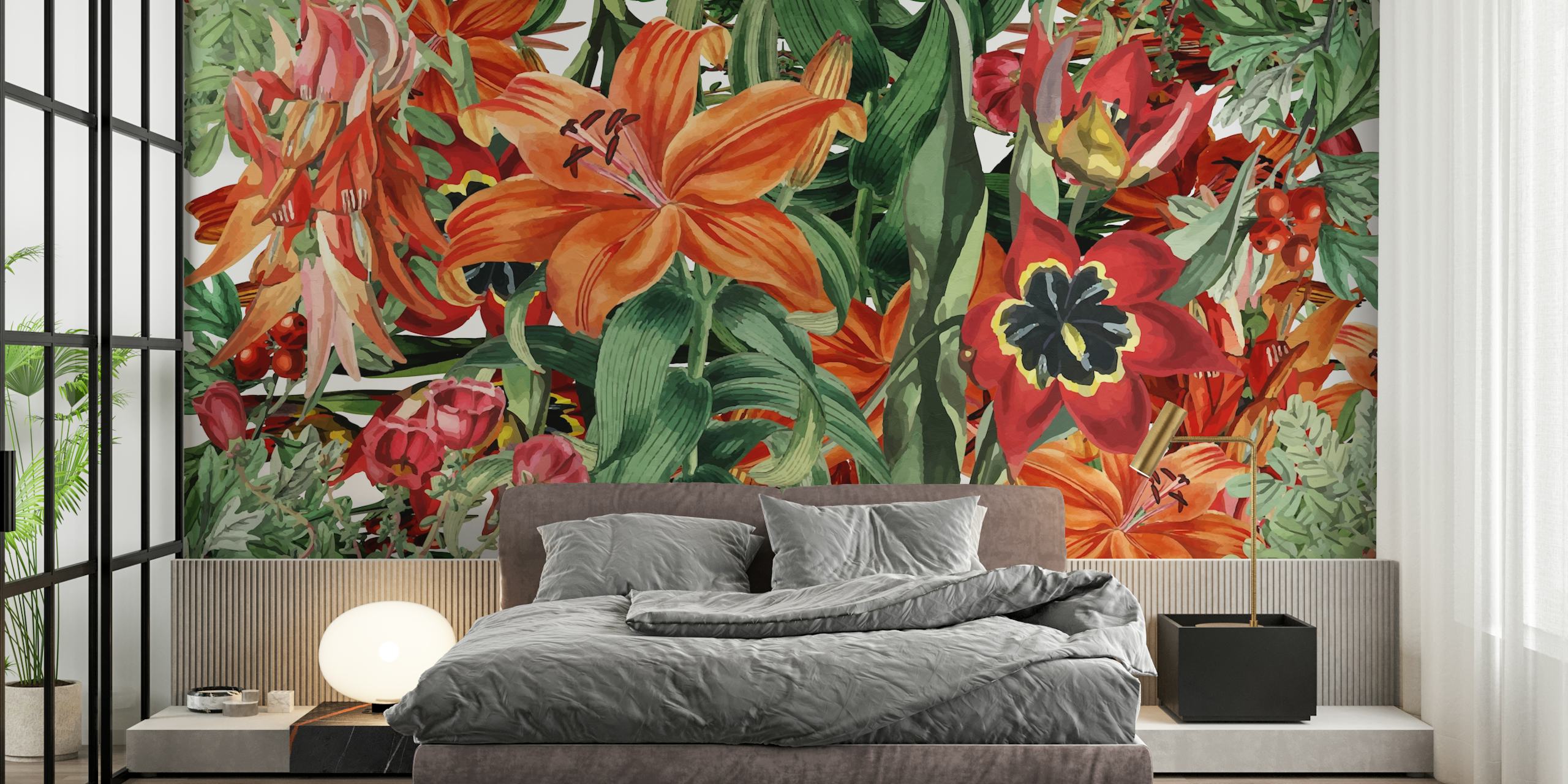 Colorful orange and green floral design wallpaper