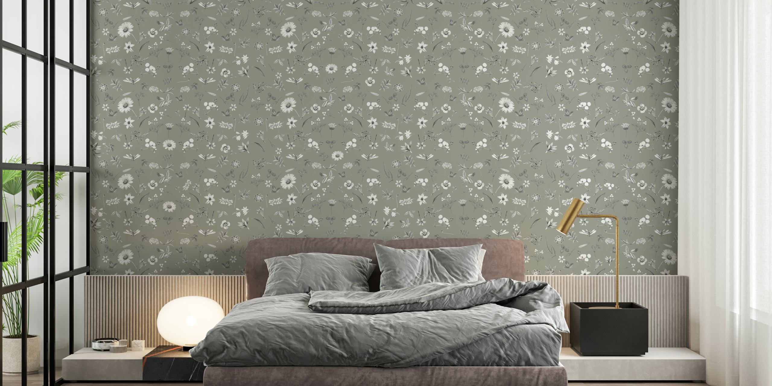 Green floral pattern wall mural with white flowers