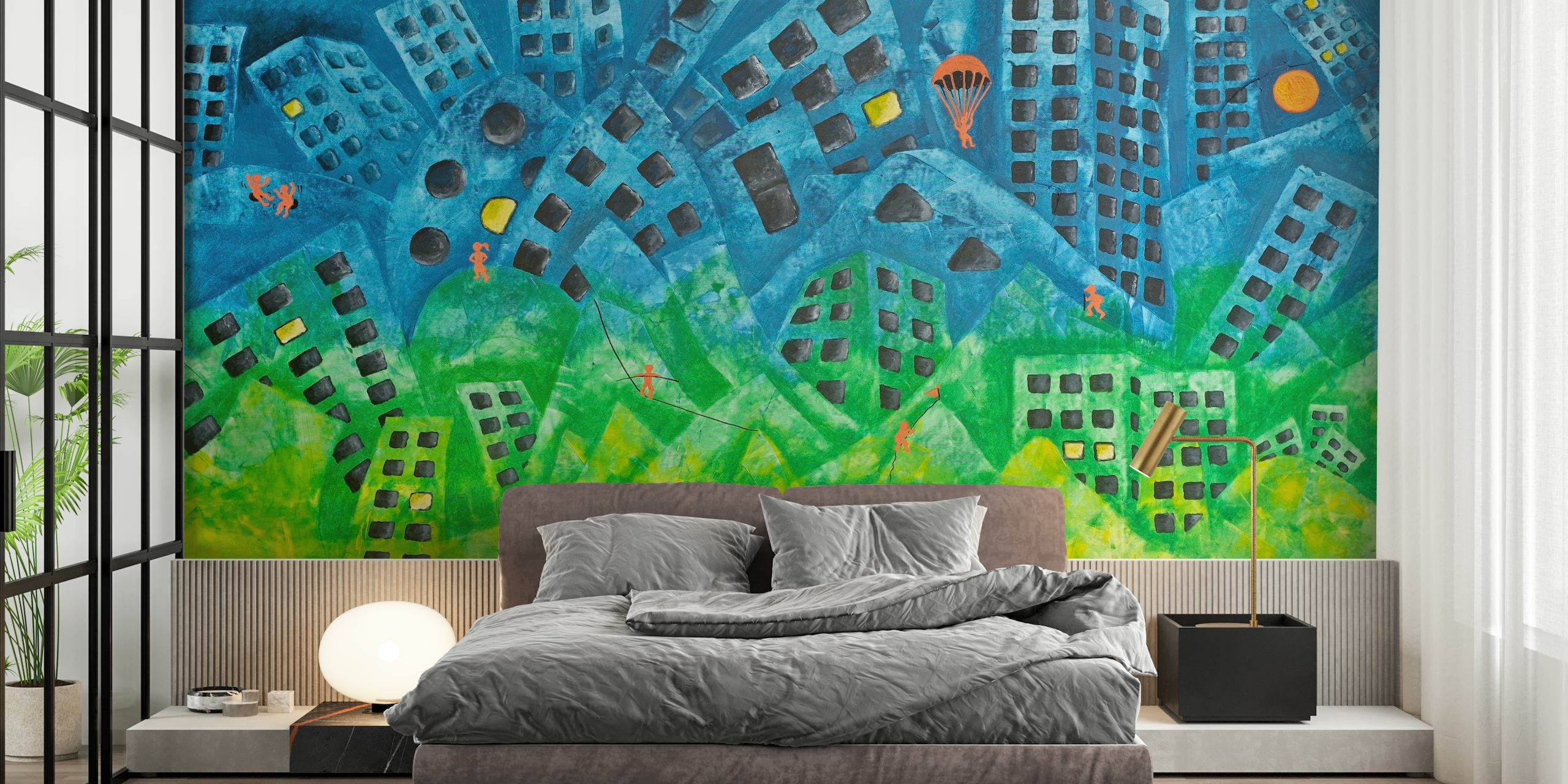Mural de pared de paisaje urbano abstracto con rascacielos caprichosos y colores vibrantes