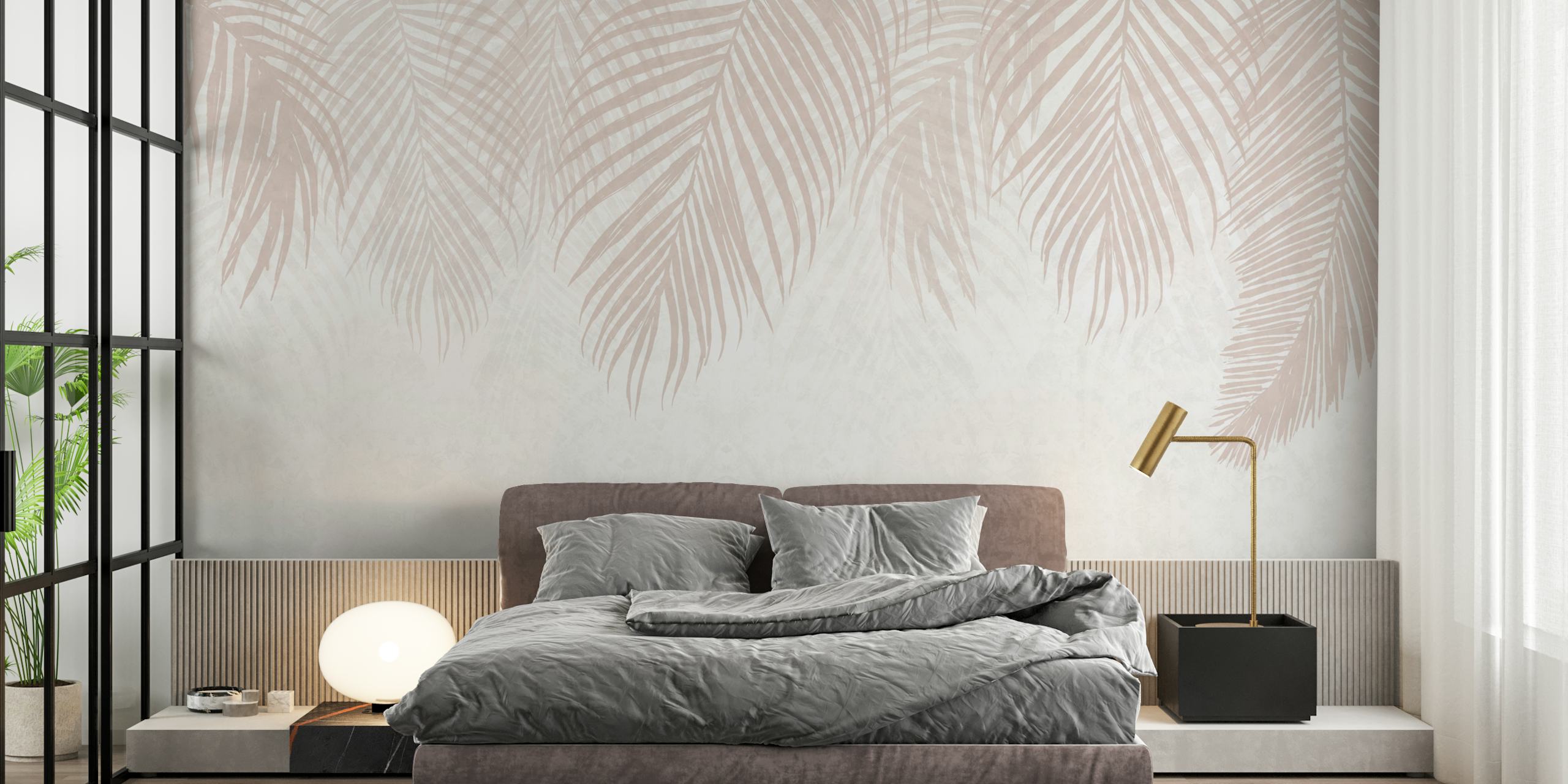 Decorazione murale con motivo di foglie di palma beige su una parete con sfondo chiaro