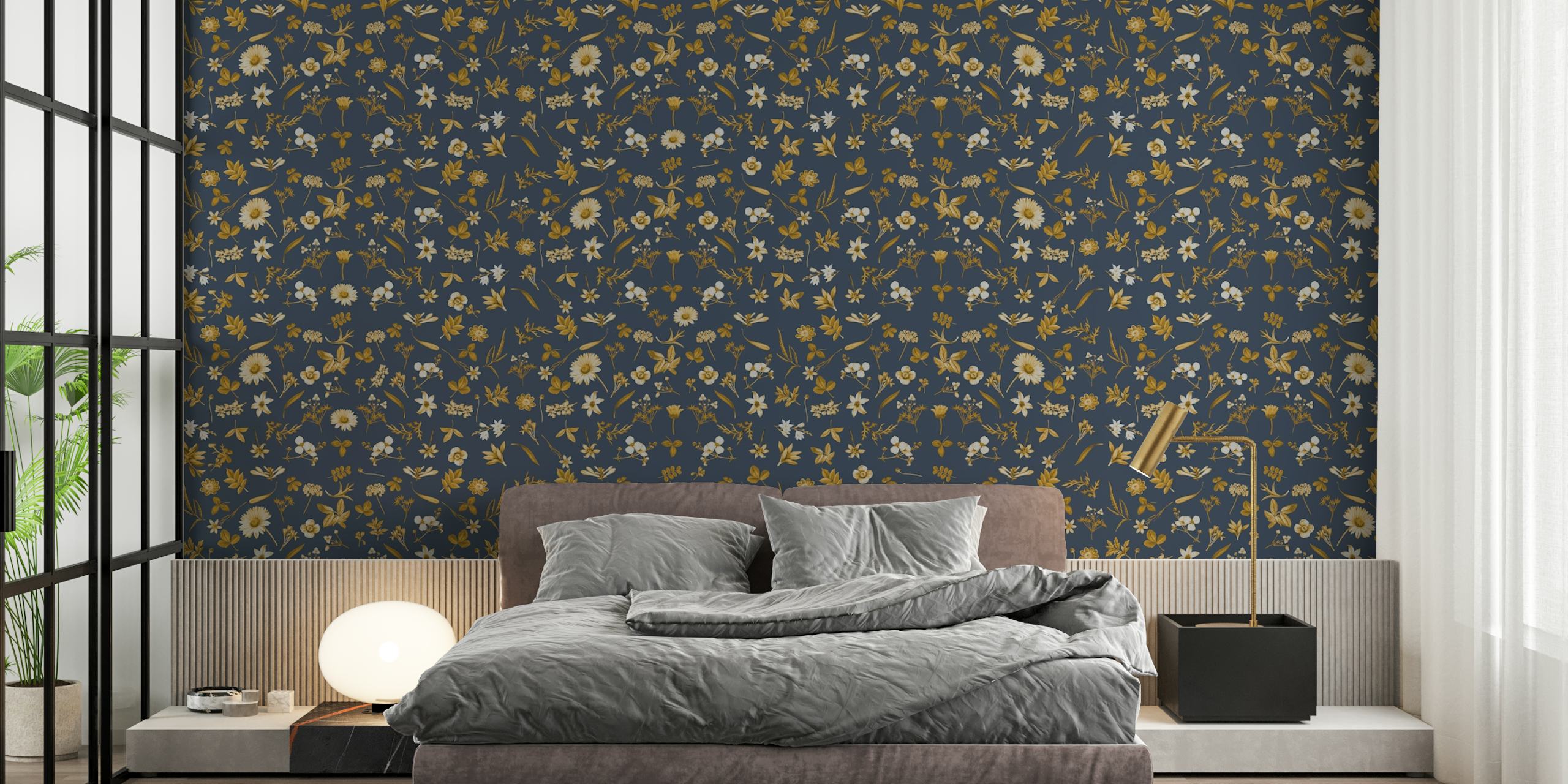 Navy floral wallpaper with gold and white flowers
