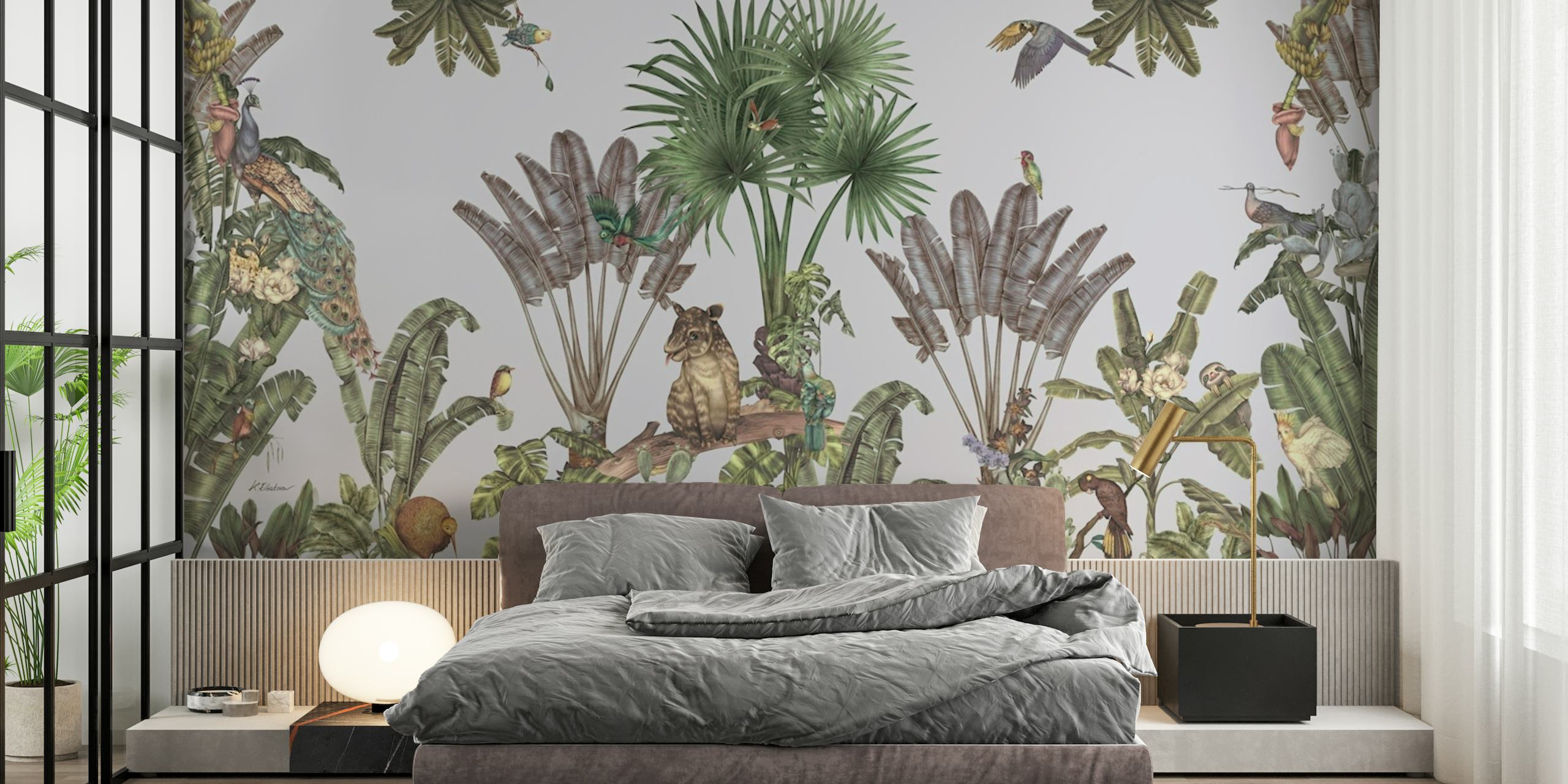 Light blue nursery wall mural featuring a baby tapir and tropical plants