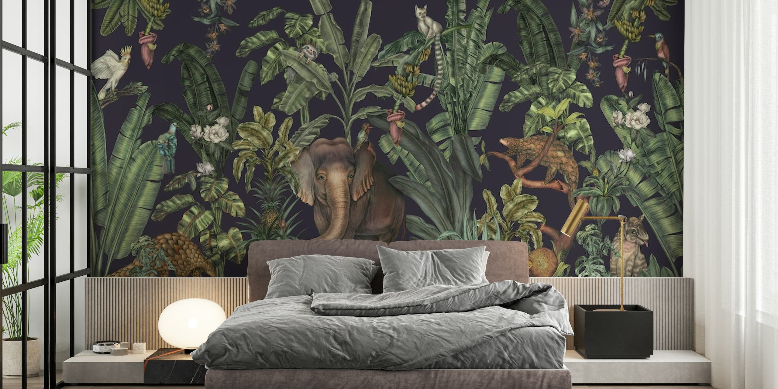 Tropisk junglevægmaleri med tæt grønt og skjult dyreliv