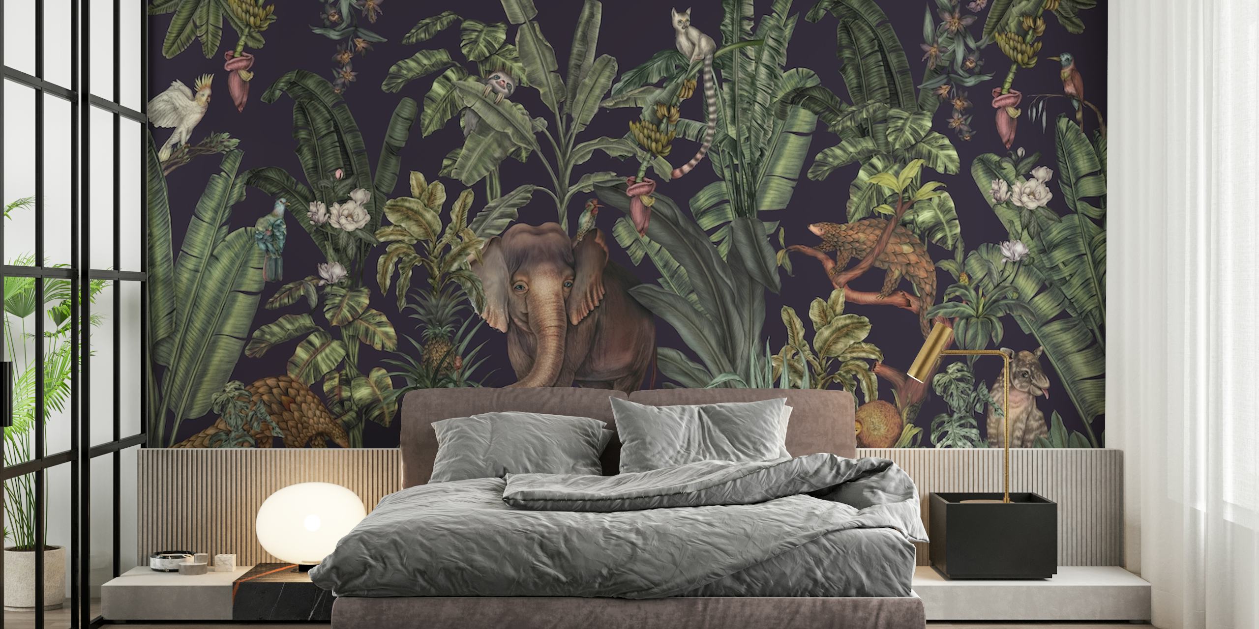 Elephant, tropical plants, and colorful animals wallpaper