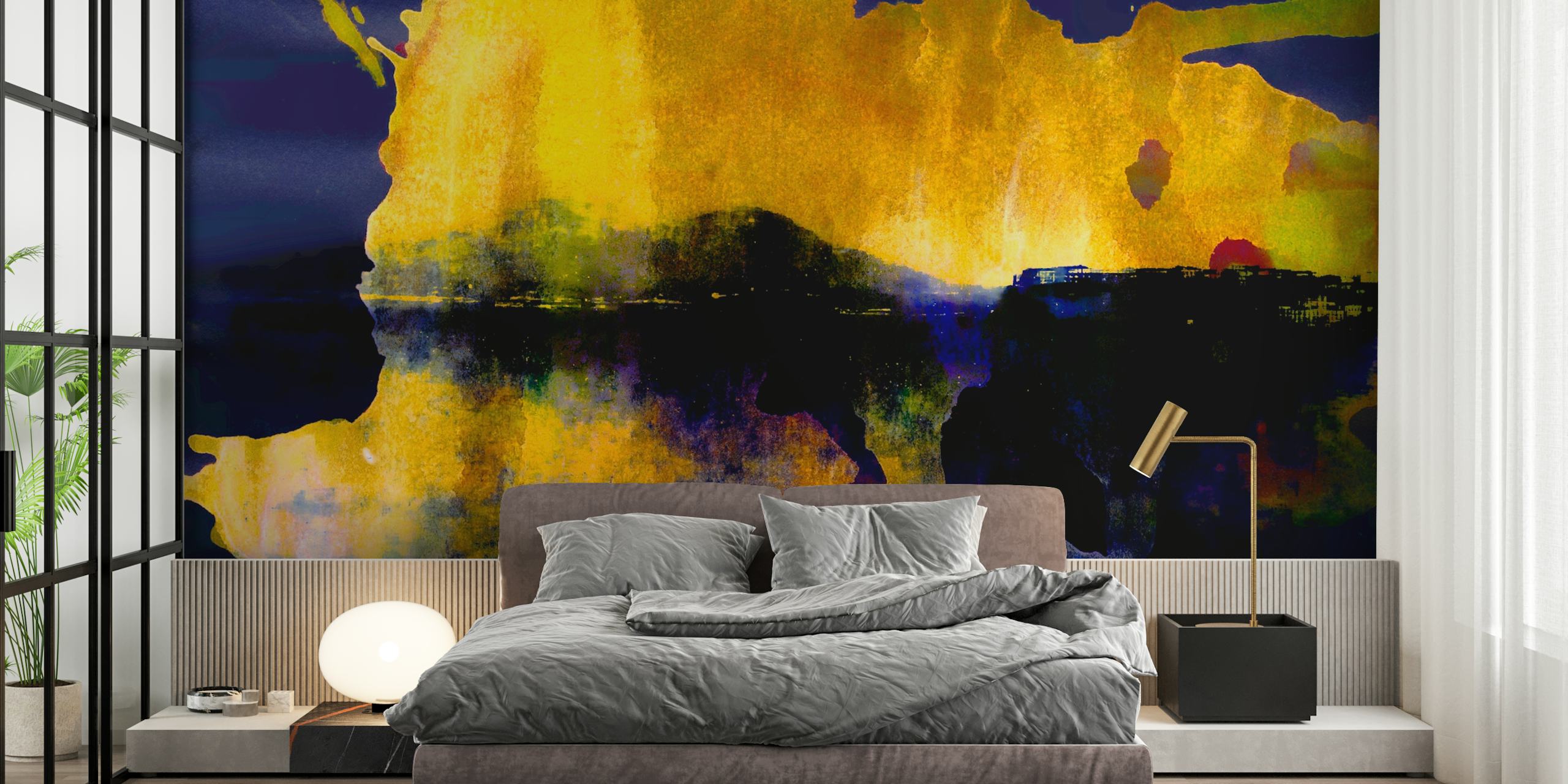 Abstract mountain silhouette in yellow and blue watercolor wallpaper