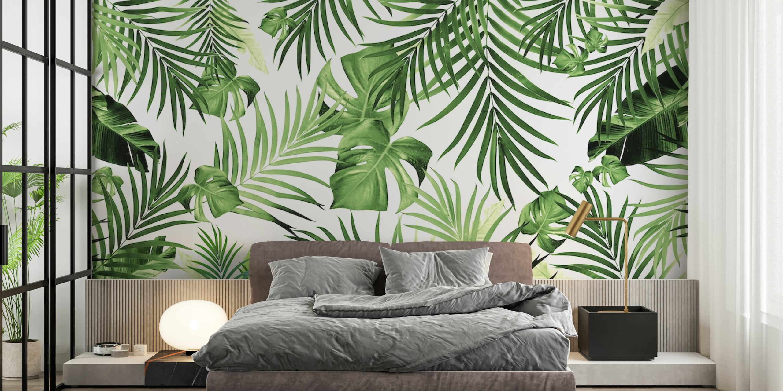 Tropical green leaves on white background wallpaper