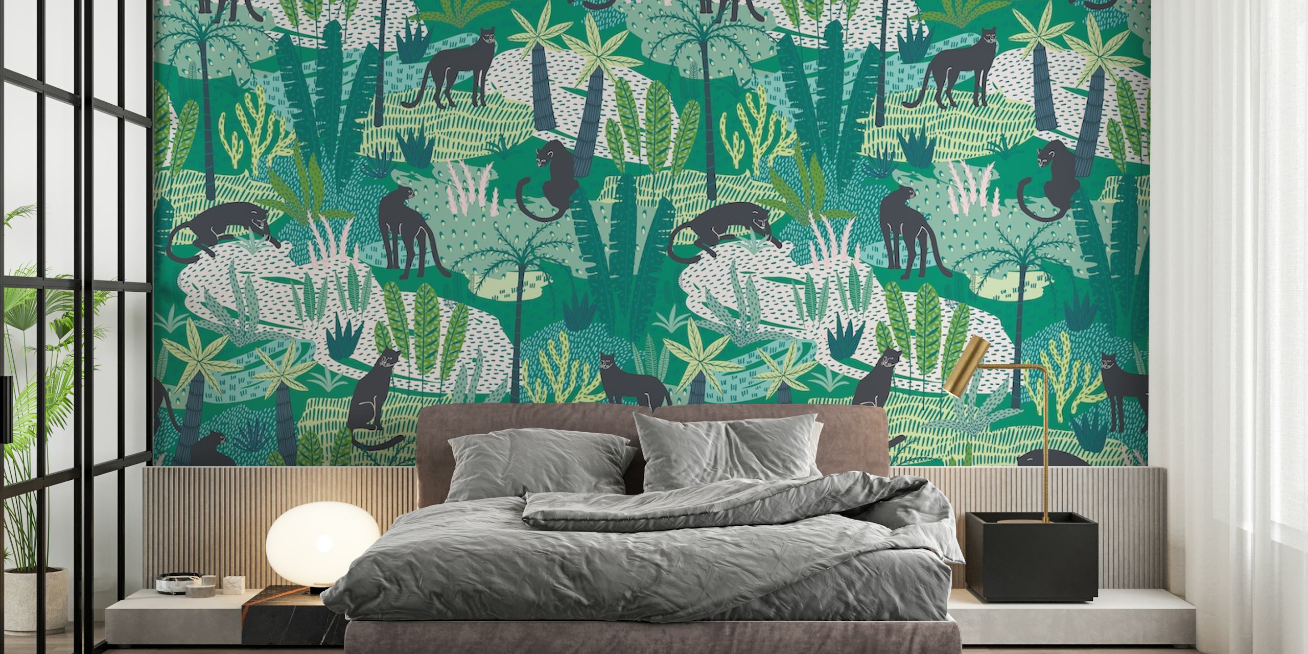 Black panthers in lush green jungle with various plants wallpaper