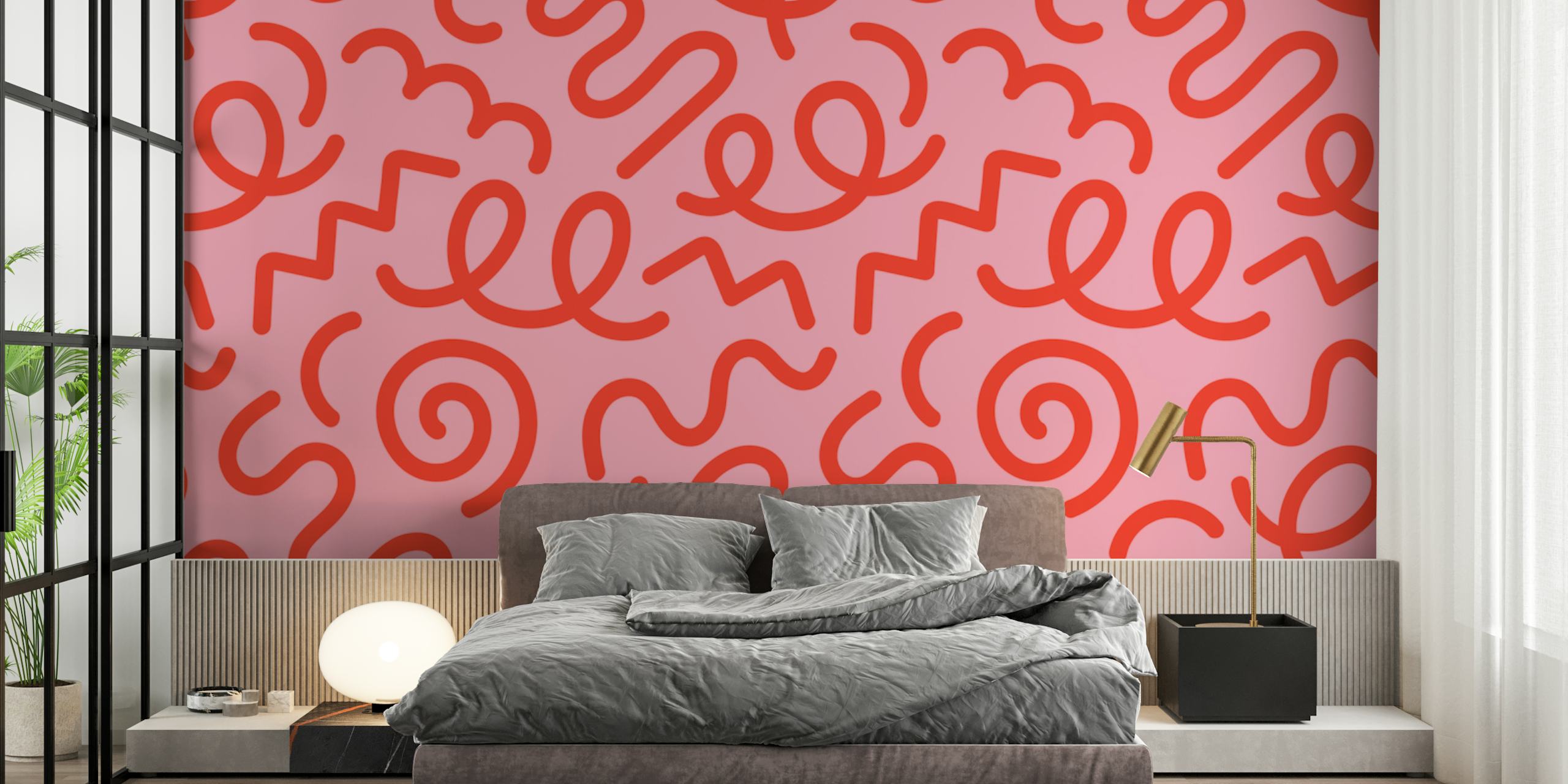 Red doodles on pink background wallpaper