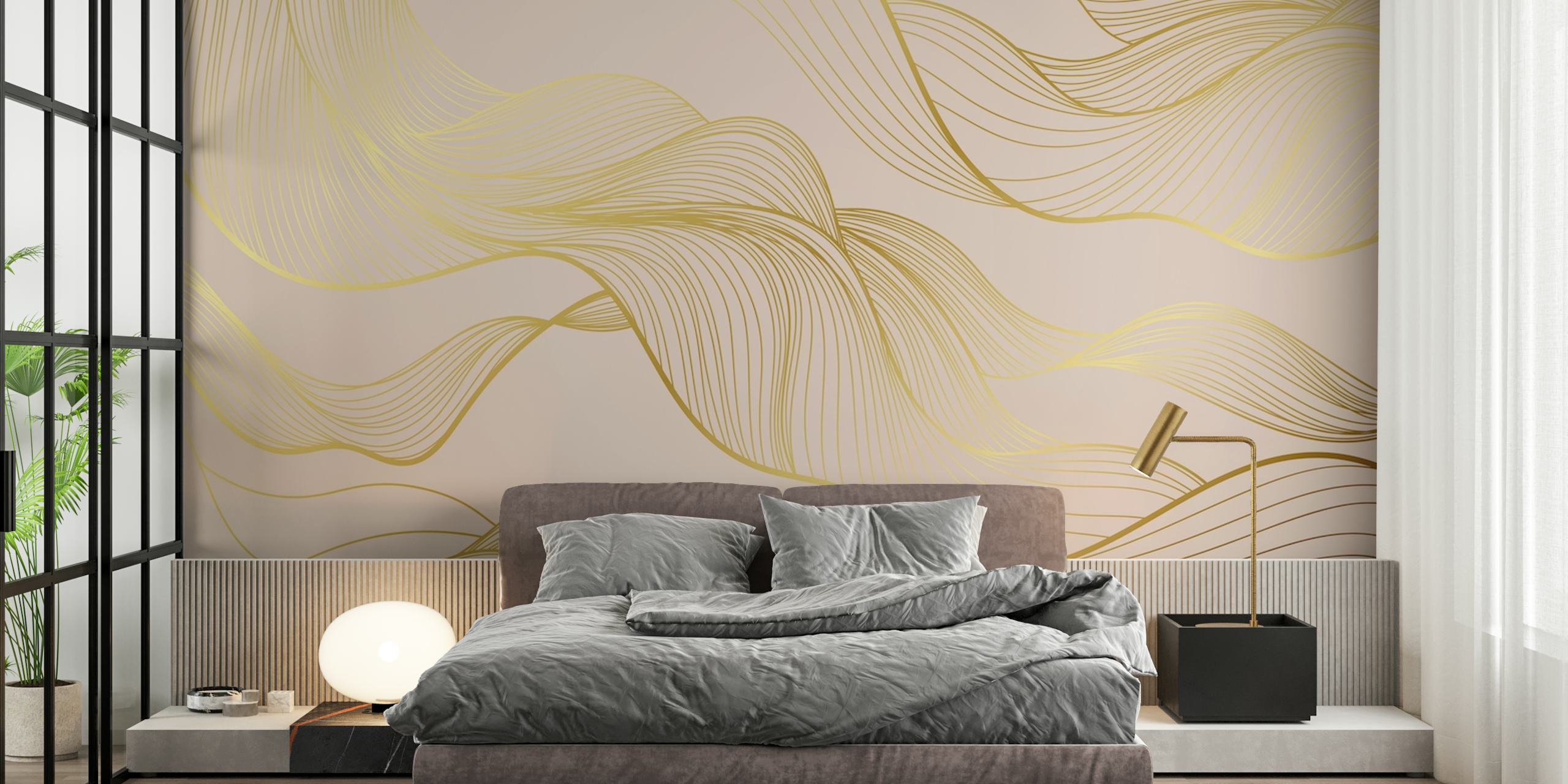 Tapeta Blush s zlatnim linijama u sobi