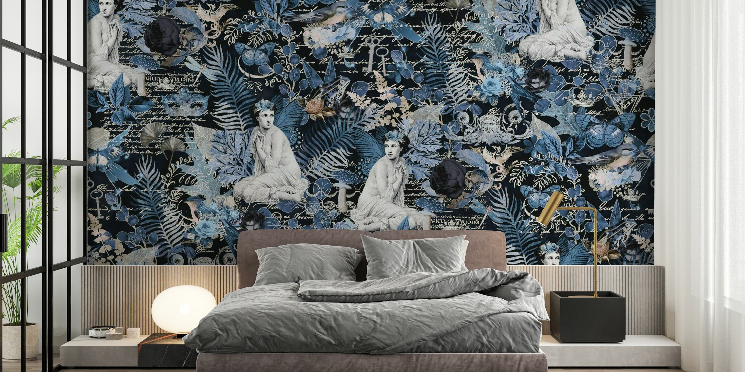 Mural de parede Mystic Mythology Forest Blue com paisagens florestais enigmáticas com figuras mitológicas em tons de azul.
