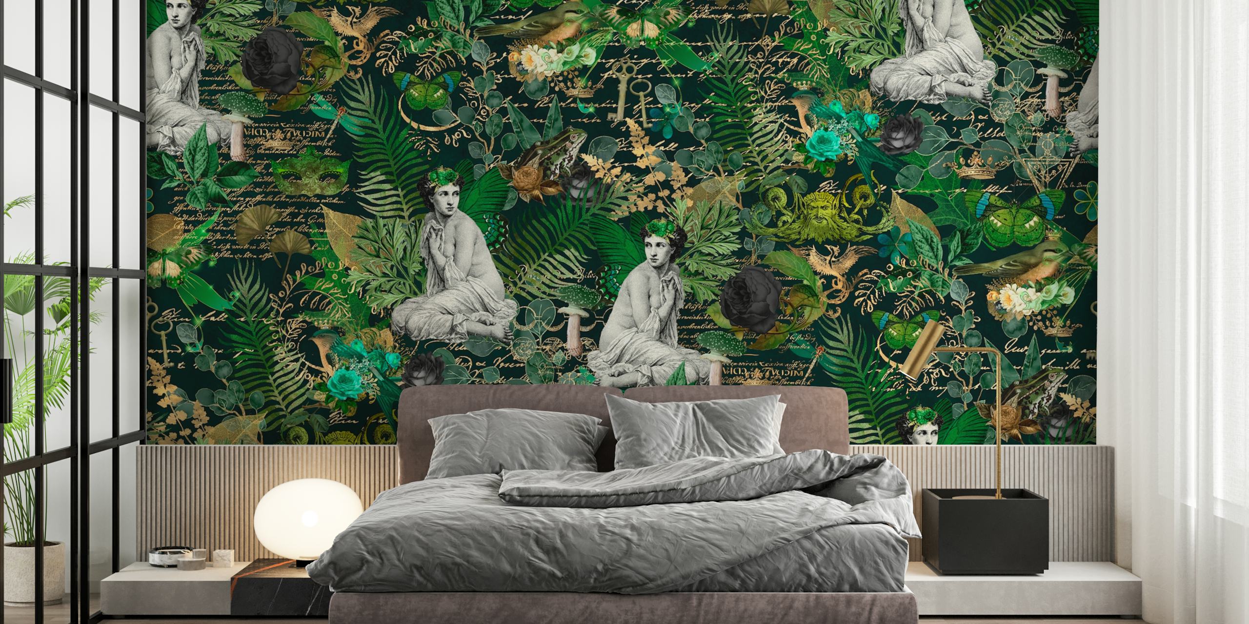 Mystic Mythology Forest Green veggmaleri med mytiske figurer og frodig løvverk.
