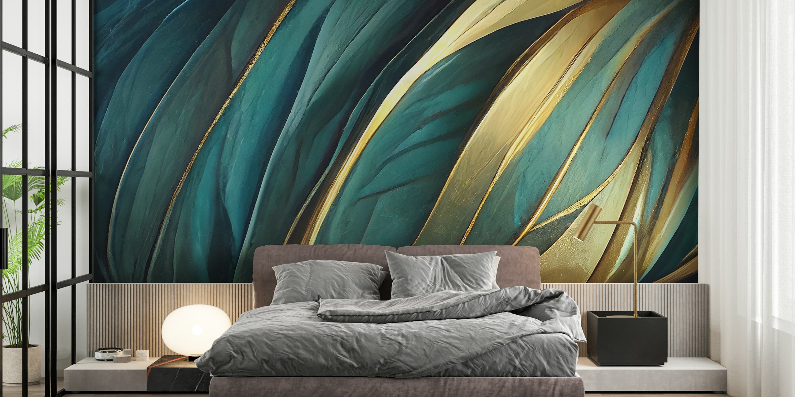 Luxurious teal and gold marbled pattern wall mural