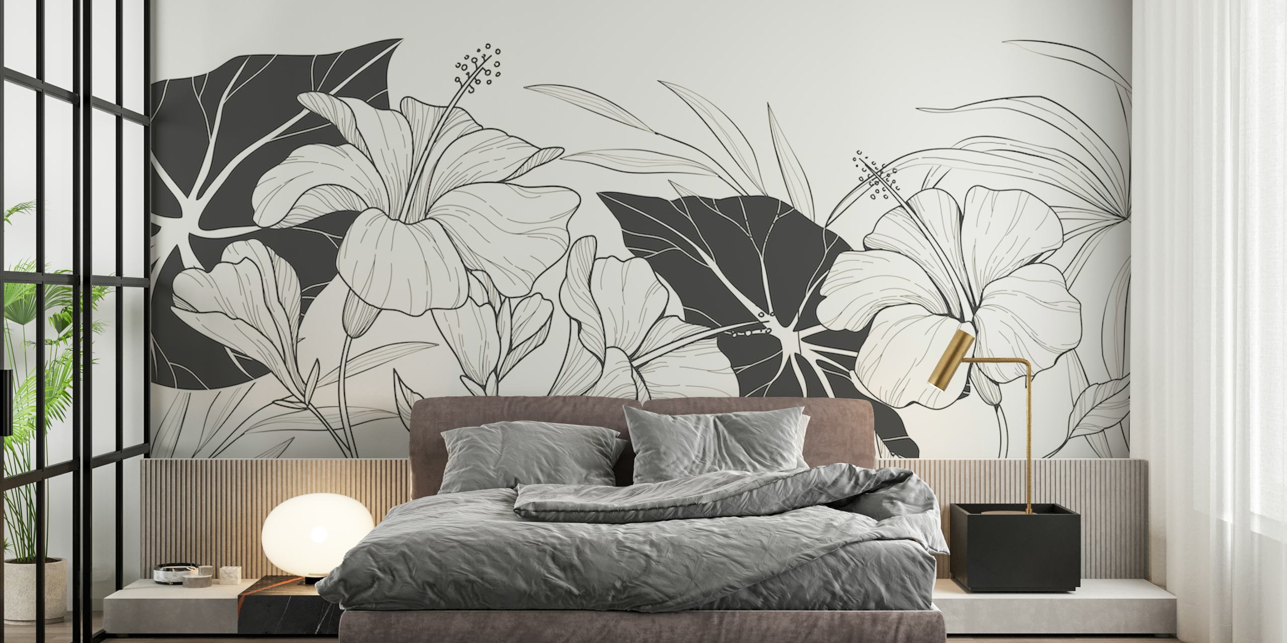 Black and white floral patterns with bold leaves and hibiscus flowers wallpaper