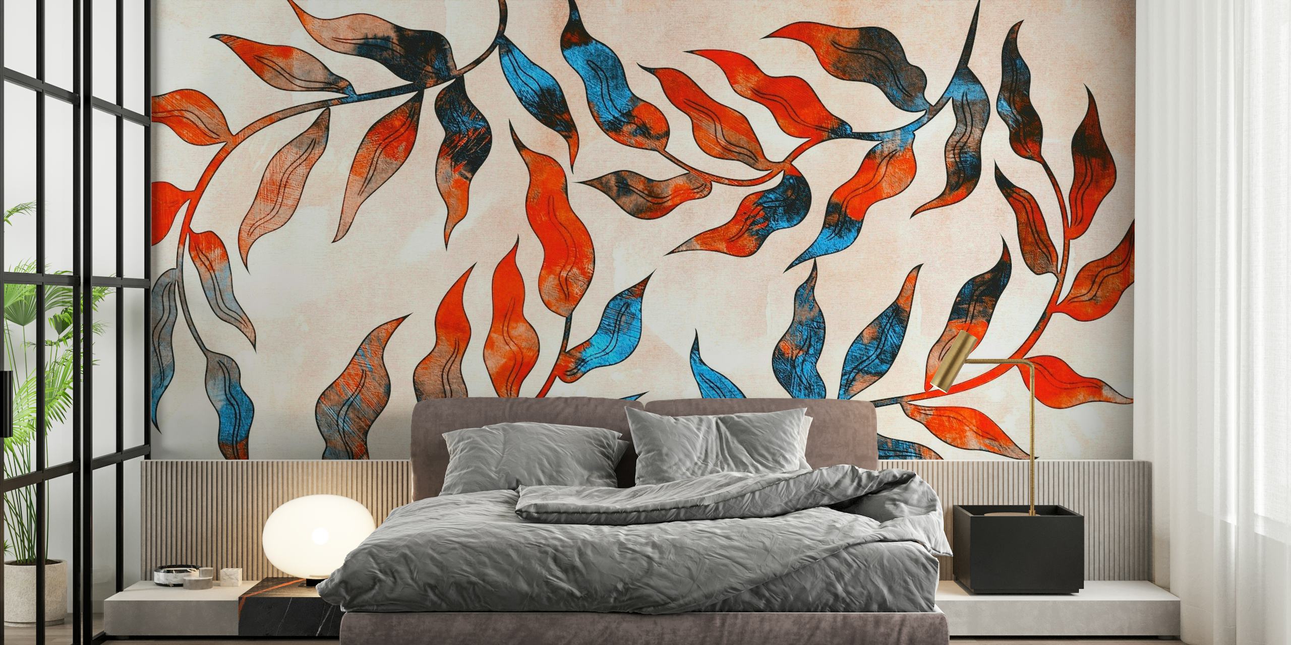 Papier peint mural feuilles aquarelle abstraites dans des tons chauds et froids