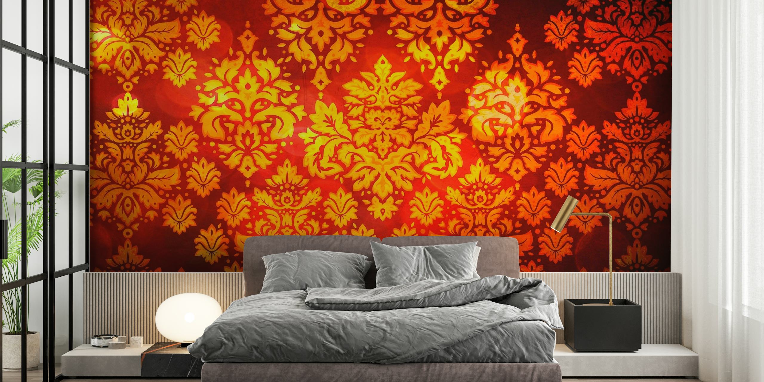 Elegant veggmaleri med rødt og gull i damastmønster for en luksuriøs interiørdekor