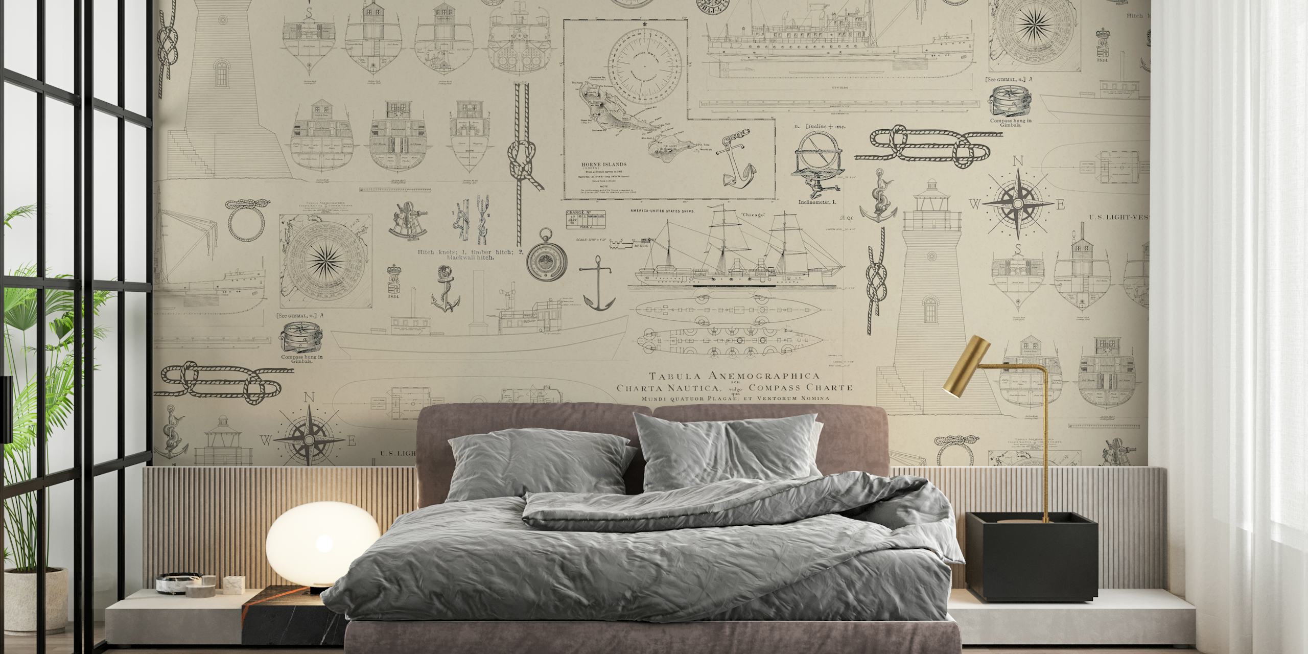 Vintage nautical theme wallpaper featuring ships, compasses, and marine illustrations in beige and black.