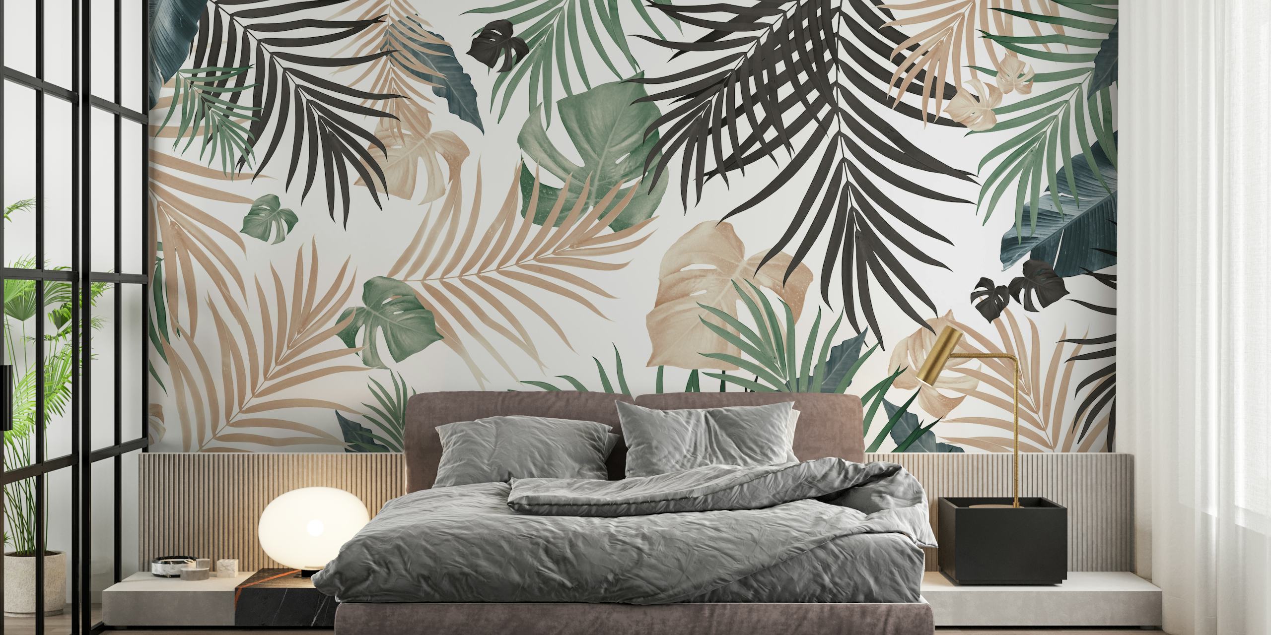 Tropical jungle leaves wallpaper in a room