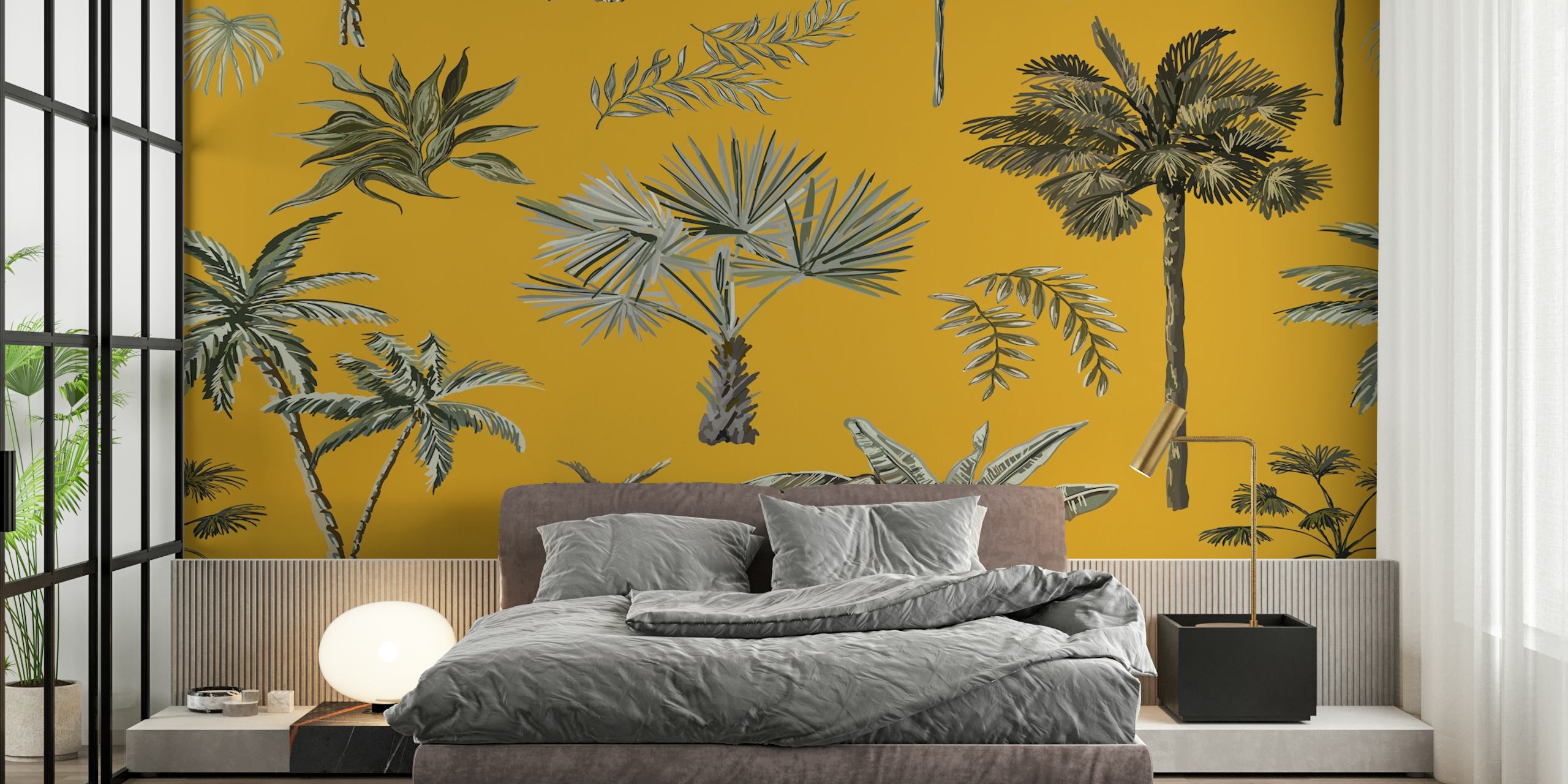 Tropical palm leaves in green and gray tones on yellow wallpaper