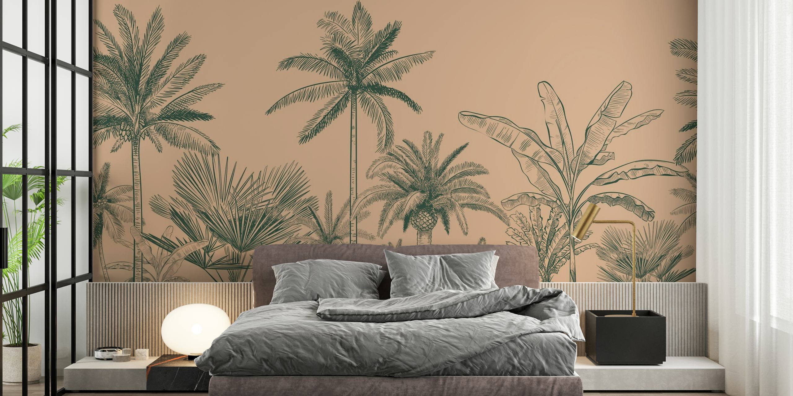 Palmetræ silhuetter vægmaleri på en pastel baggrund til boligindretning.