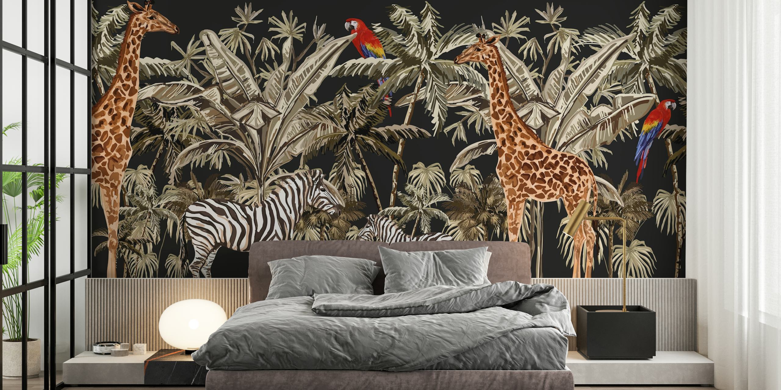 Jungle animals including giraffes and zebras in vibrant colors on black wallpaper