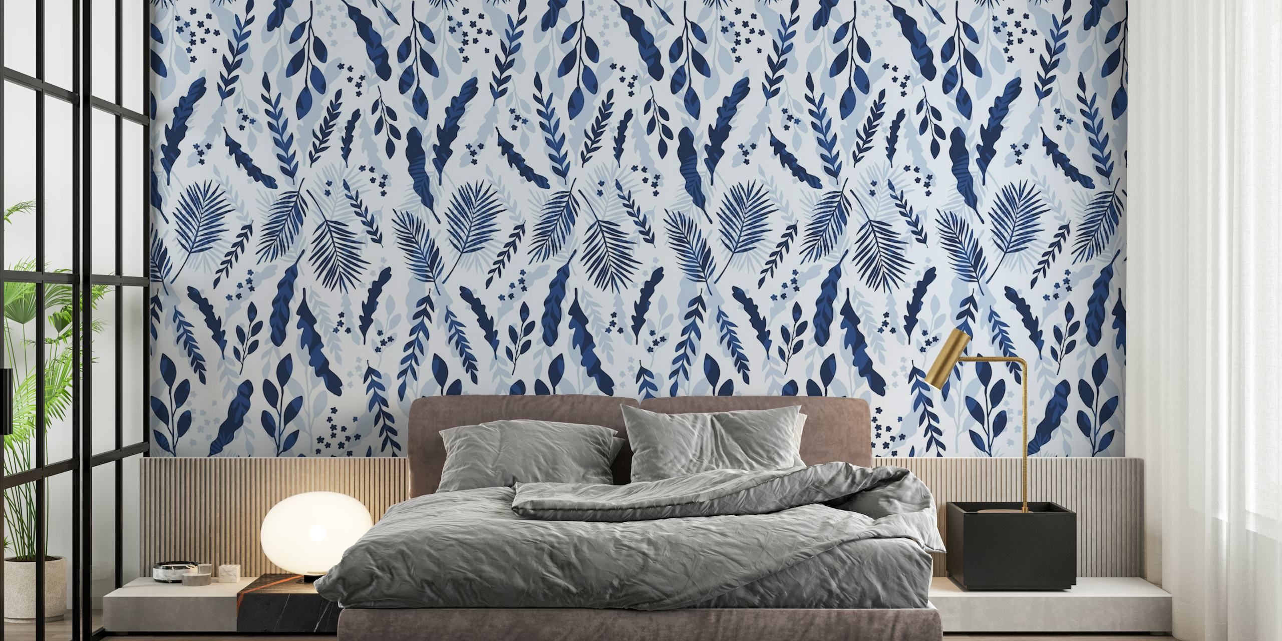 Blauwe en witte mariene botanische patroon muurschildering