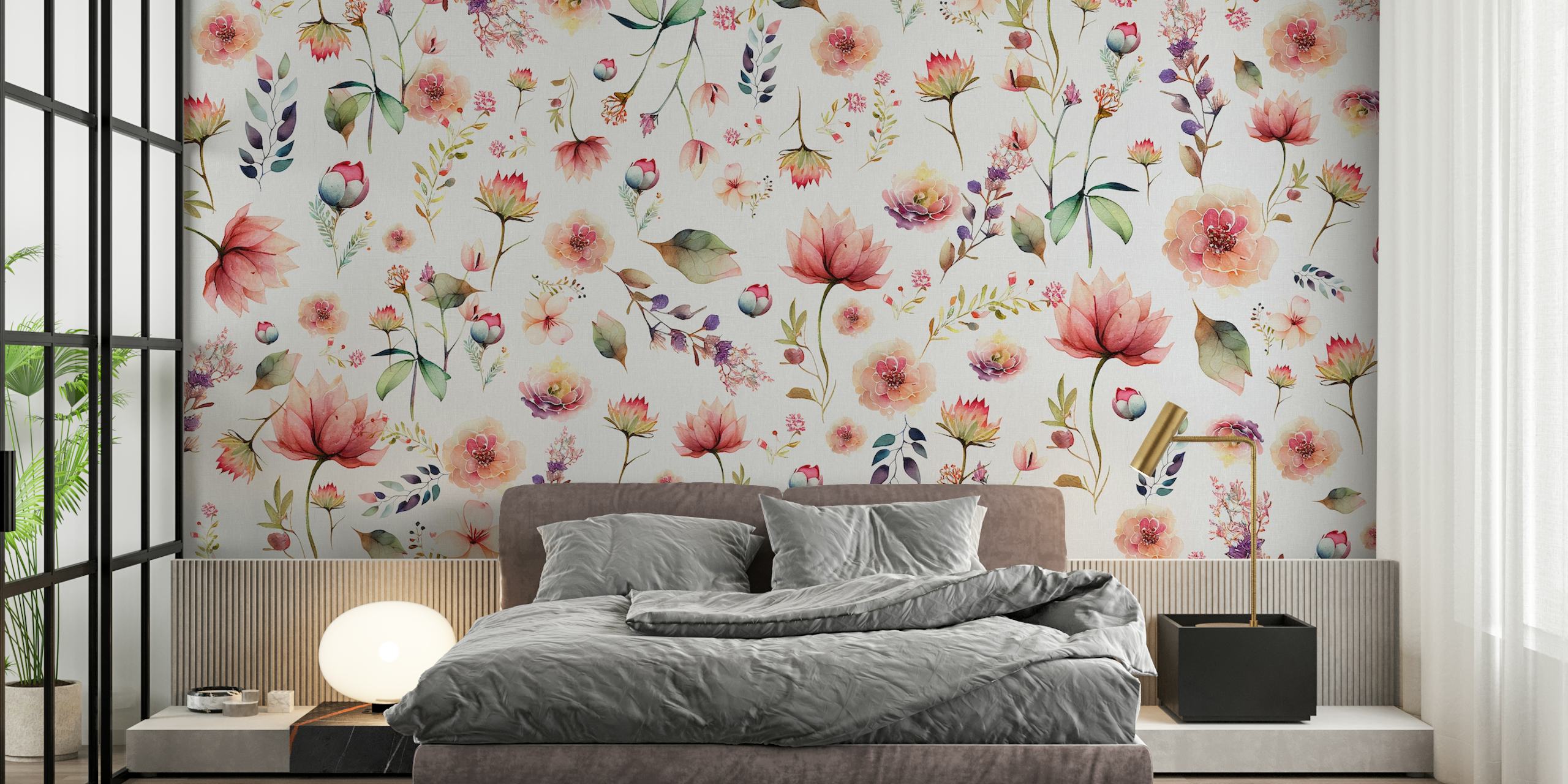 Pink floral patterns on a white background wallpaper