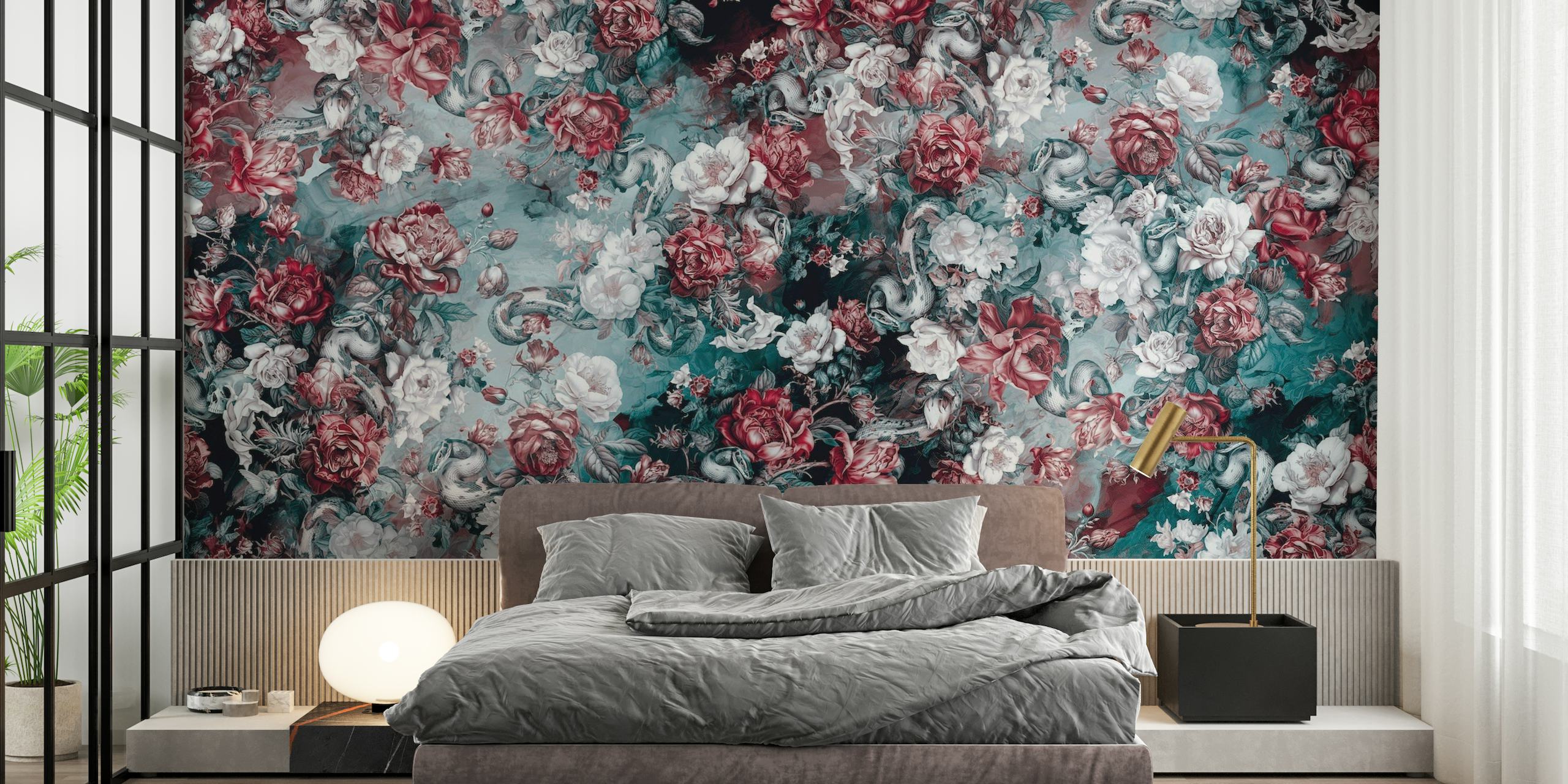 Skull and serpent-infused rose pattern wall mural from happywall.com