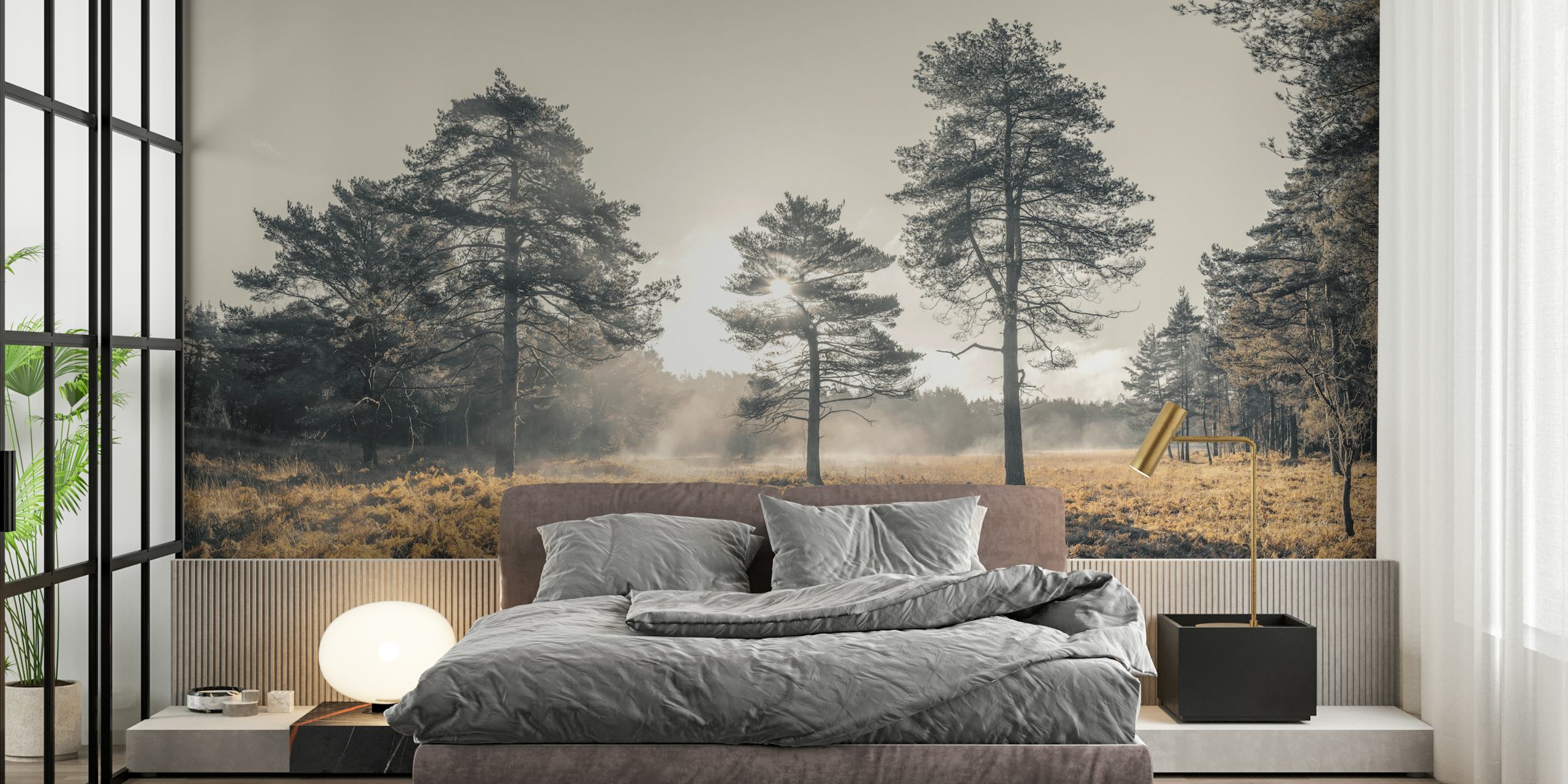 Black and white forest scene print wallpaper with tall trees