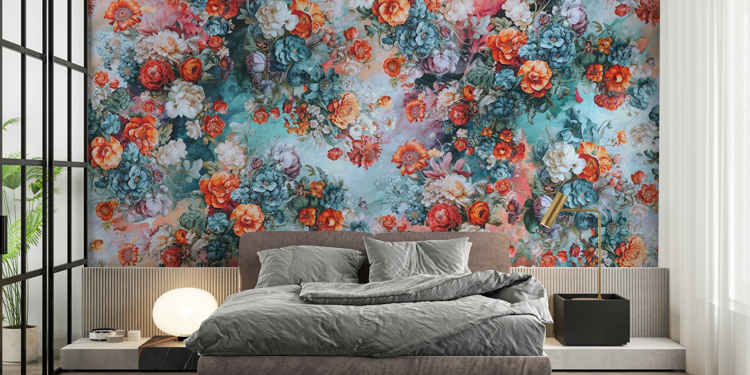 Colorful floral pattern wallpaper with orange, teal and white flowers
