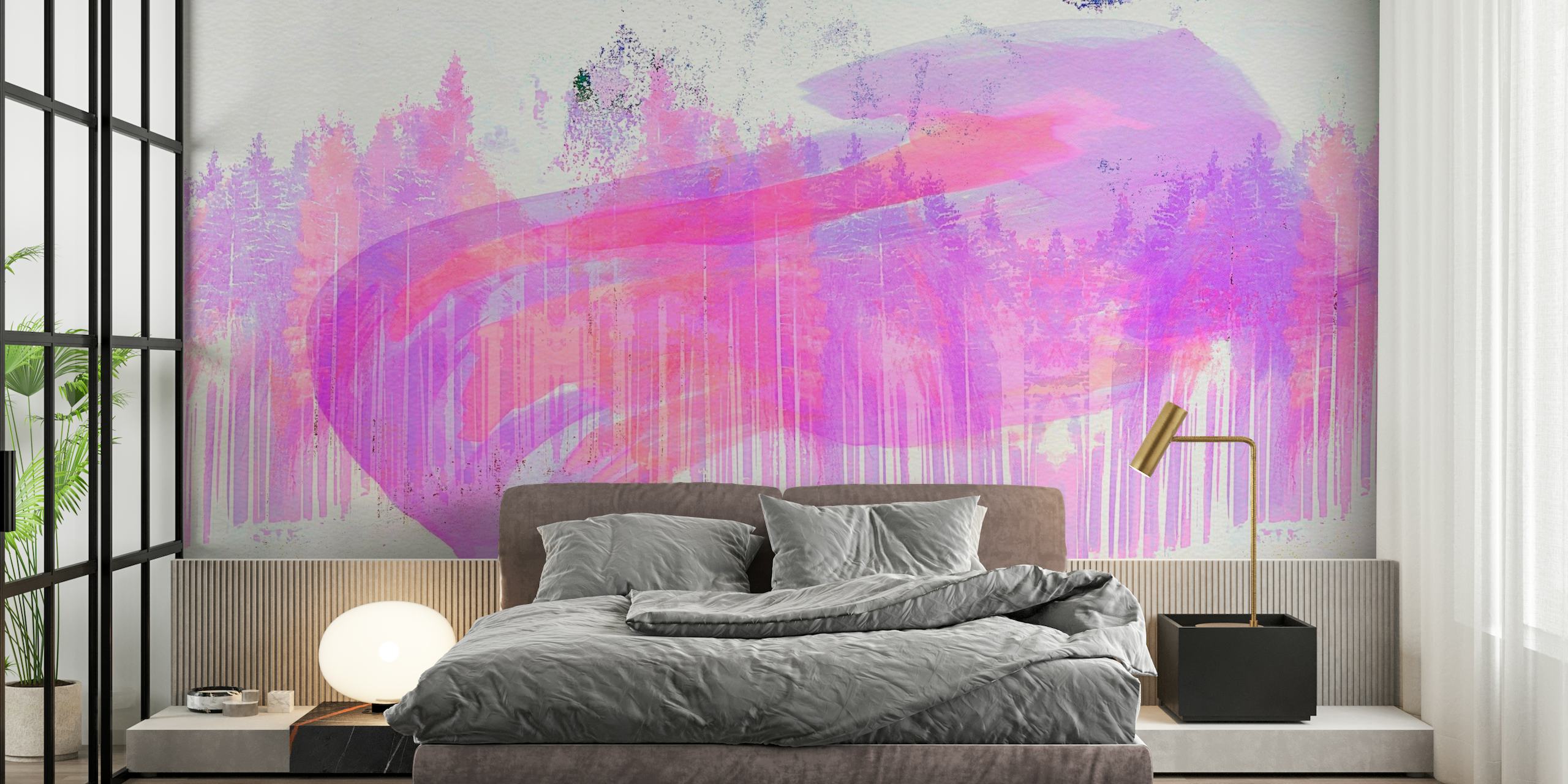 Abstract pink forest wall mural with ethereal splash design