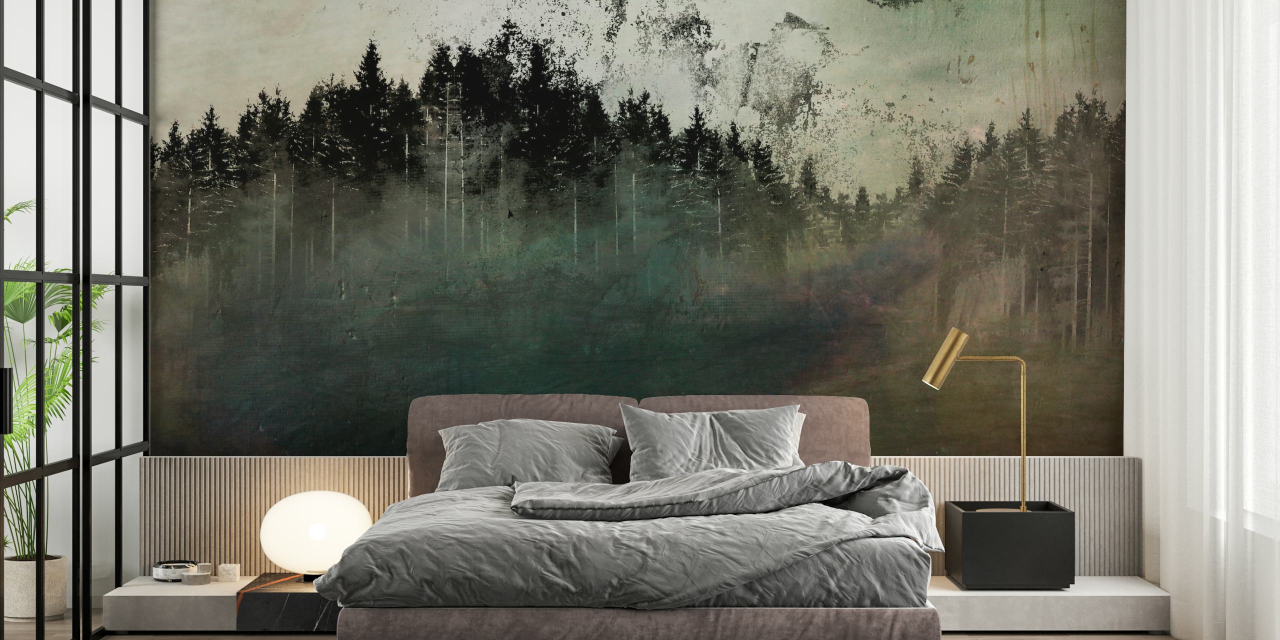 Papel de parede Nordic Dream Pine Forest Ink Grunge em um quarto