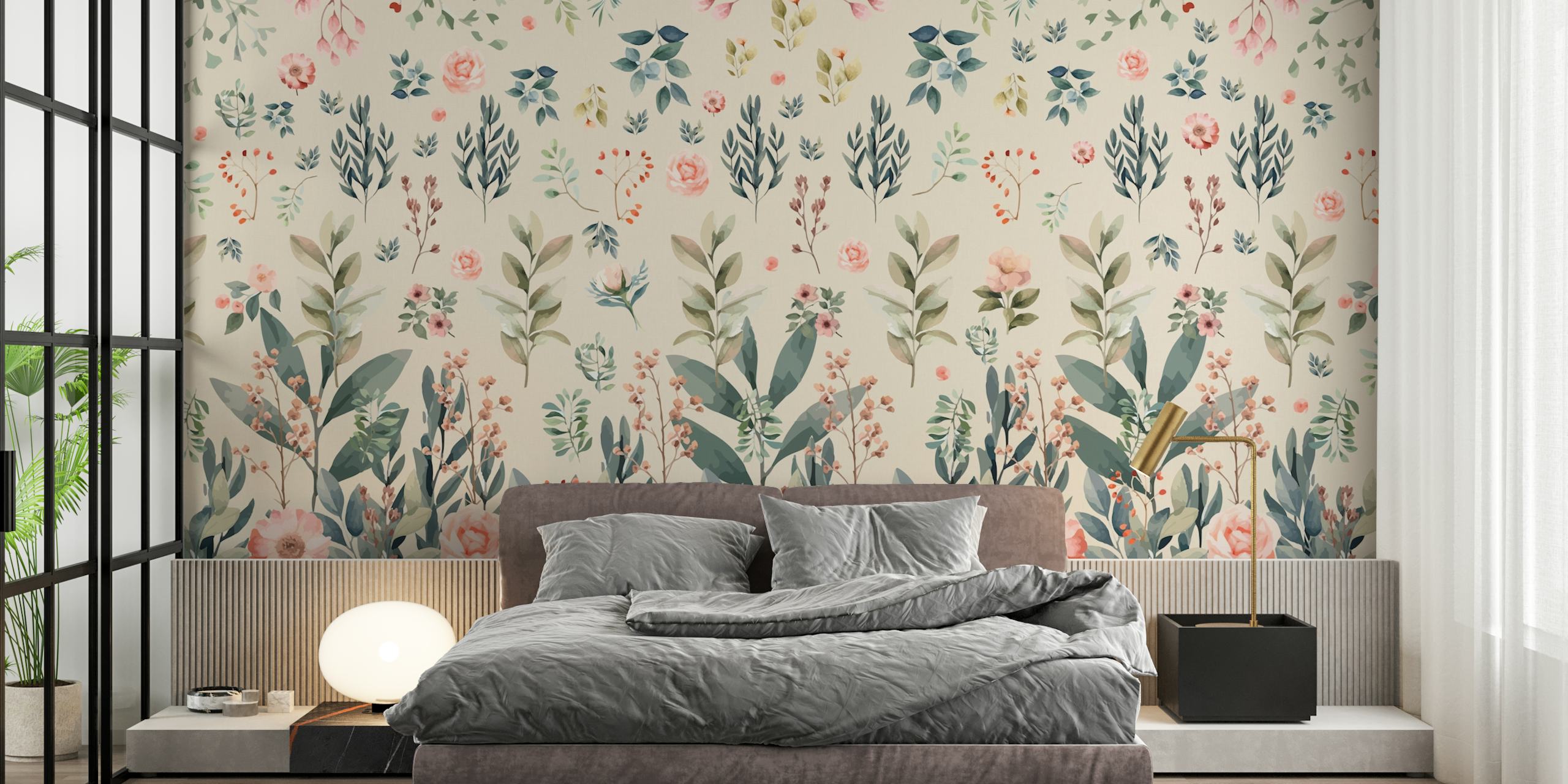 Nudekleurige bloemenmuurschildering met zacht getinte bloemen voor interieur