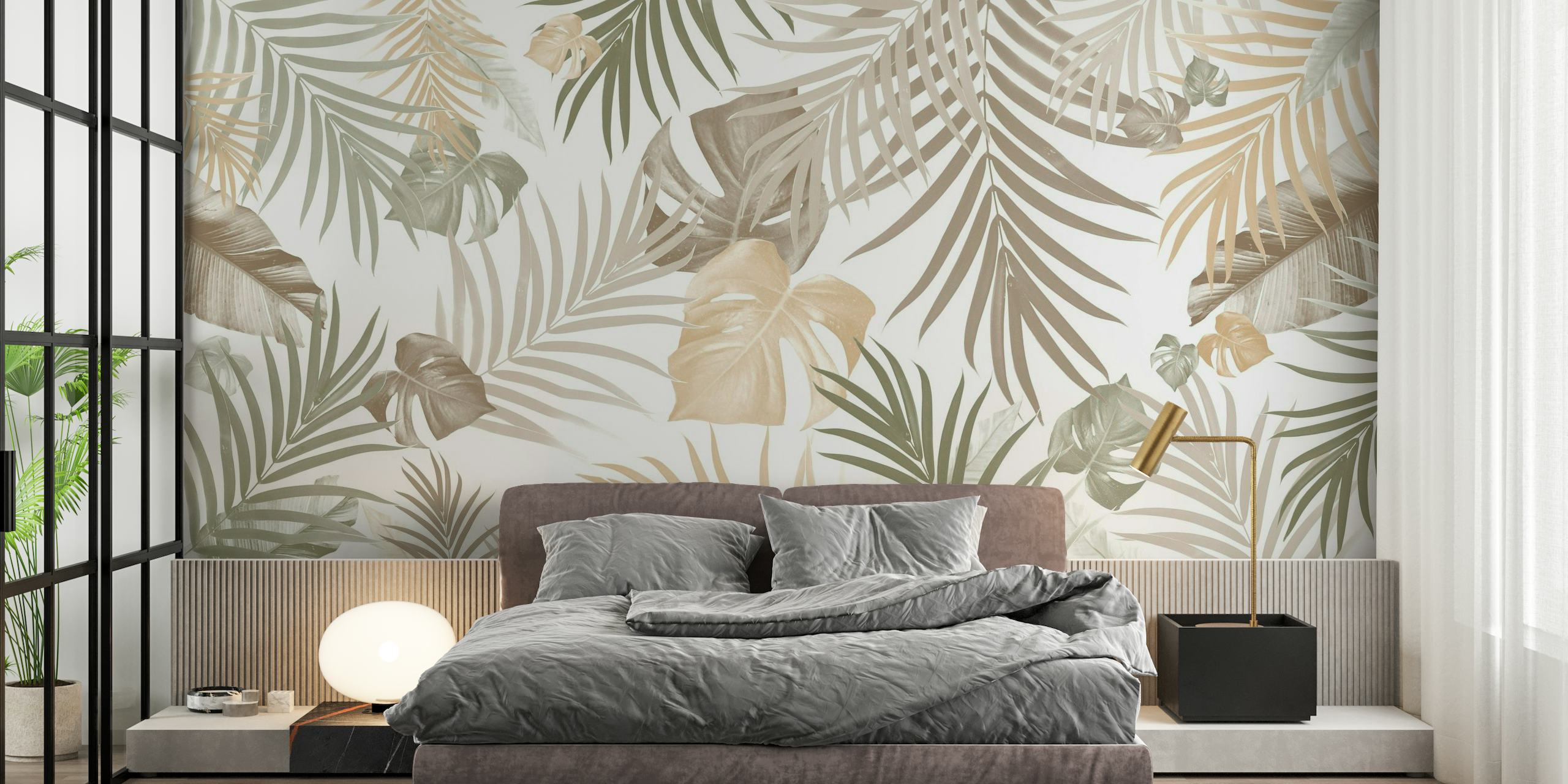 Elegante mural de pared con hojas de jungla tropical en una paleta de colores neutros