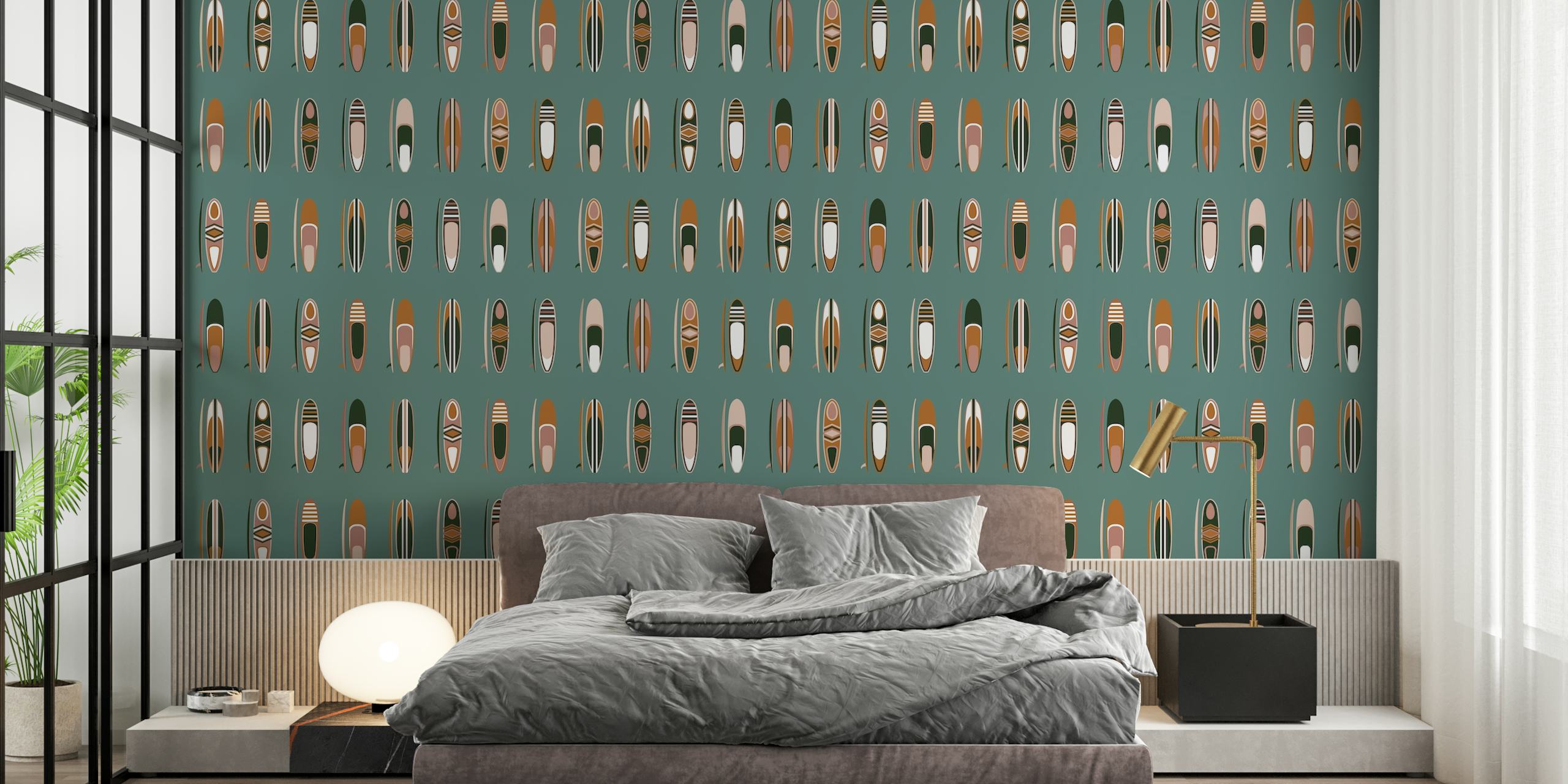 Vintage surfboard pattern wallpaper in a room