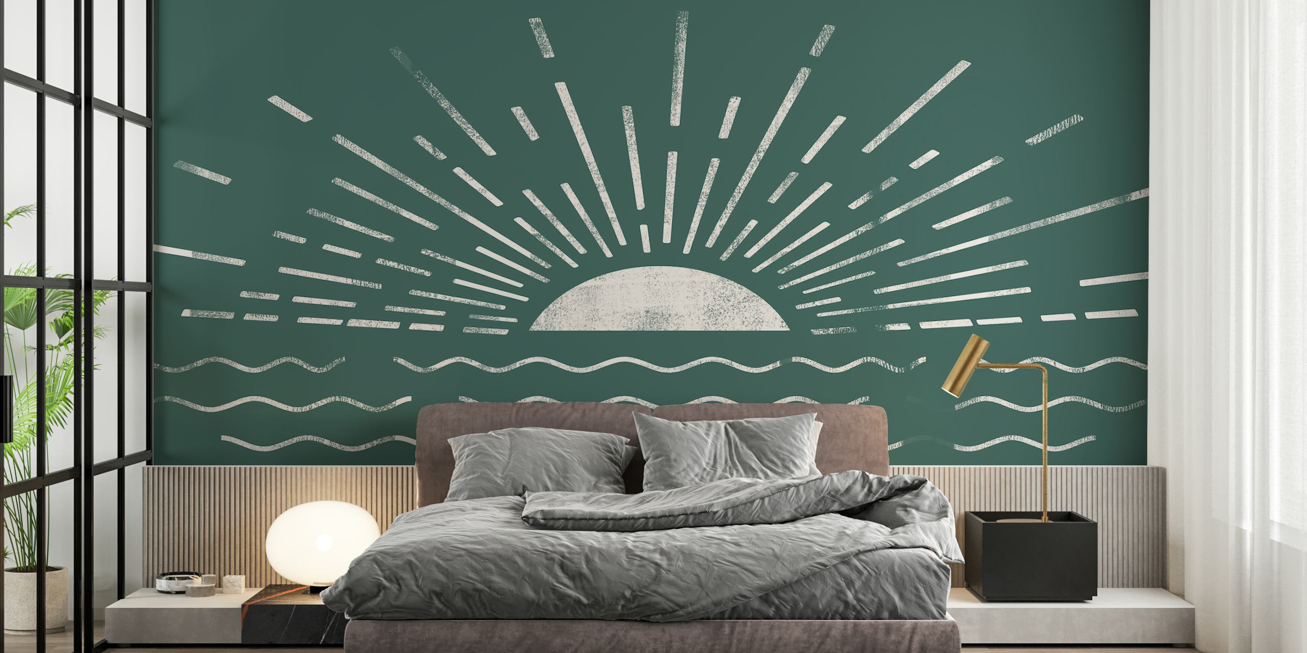 Sunburst design with waves in green and white vintage wallpaper