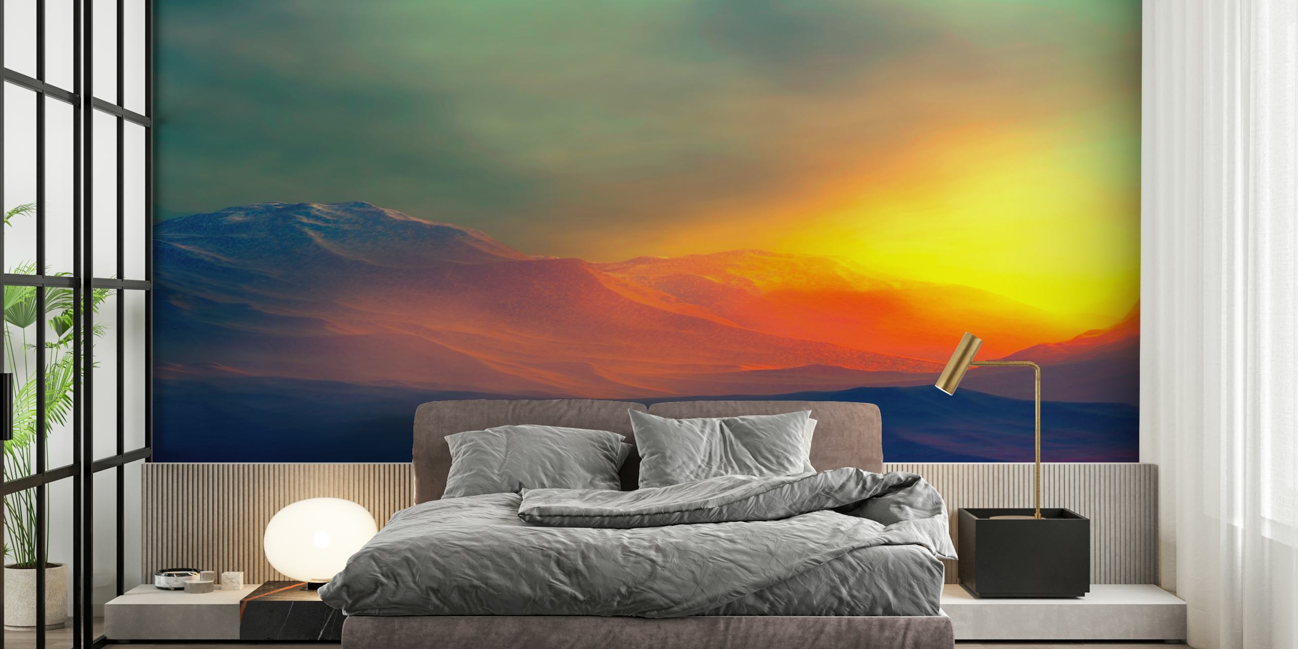 Mountains at sunset wallpaper in a room