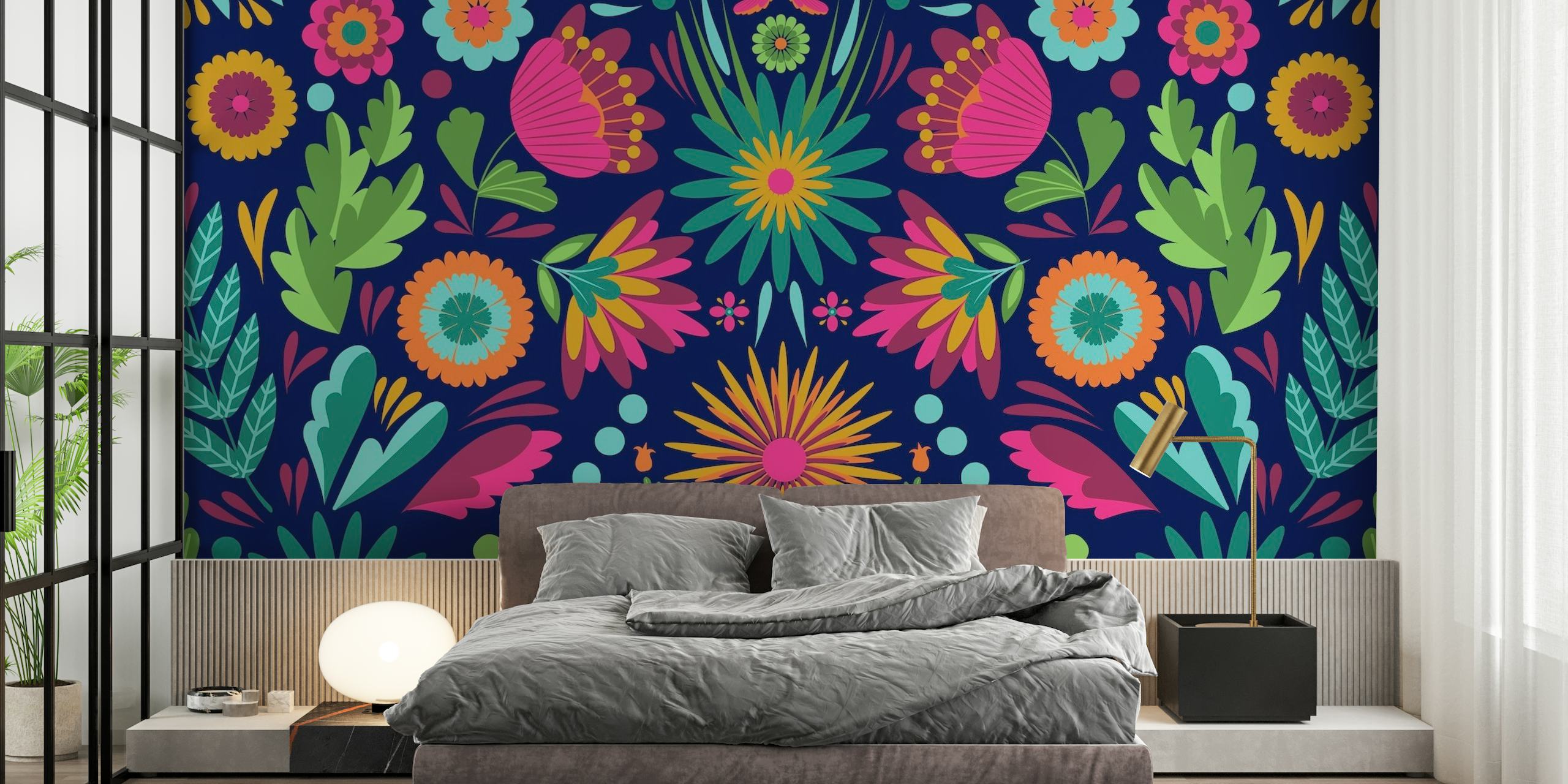 Frida Flowers Blue vægmaleri med livlige farver og folkekunst-inspirerede blomsterdesigns