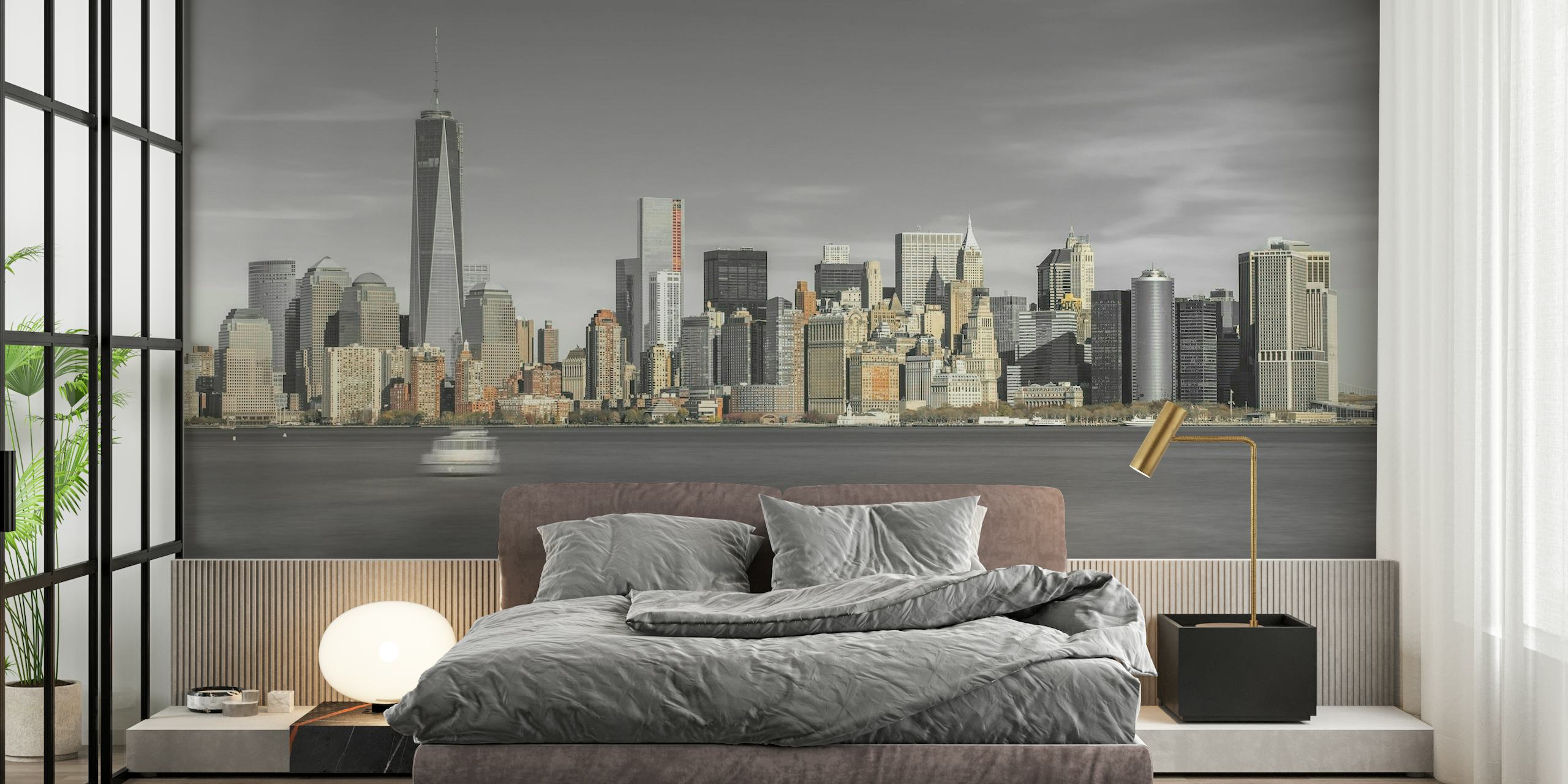 Fototapete mit der Skyline von Lower Manhattan mit Wolkenkratzern und ruhigem Wasser für die Innen- und Bürodekoration