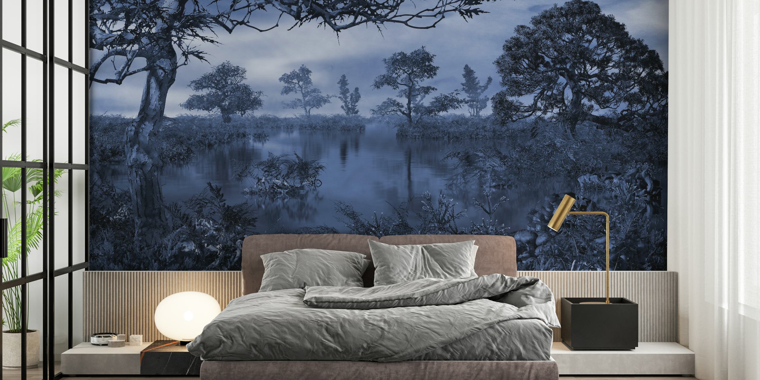 Fotomural bosque otoñal azul monocromo con atmósfera brumosa