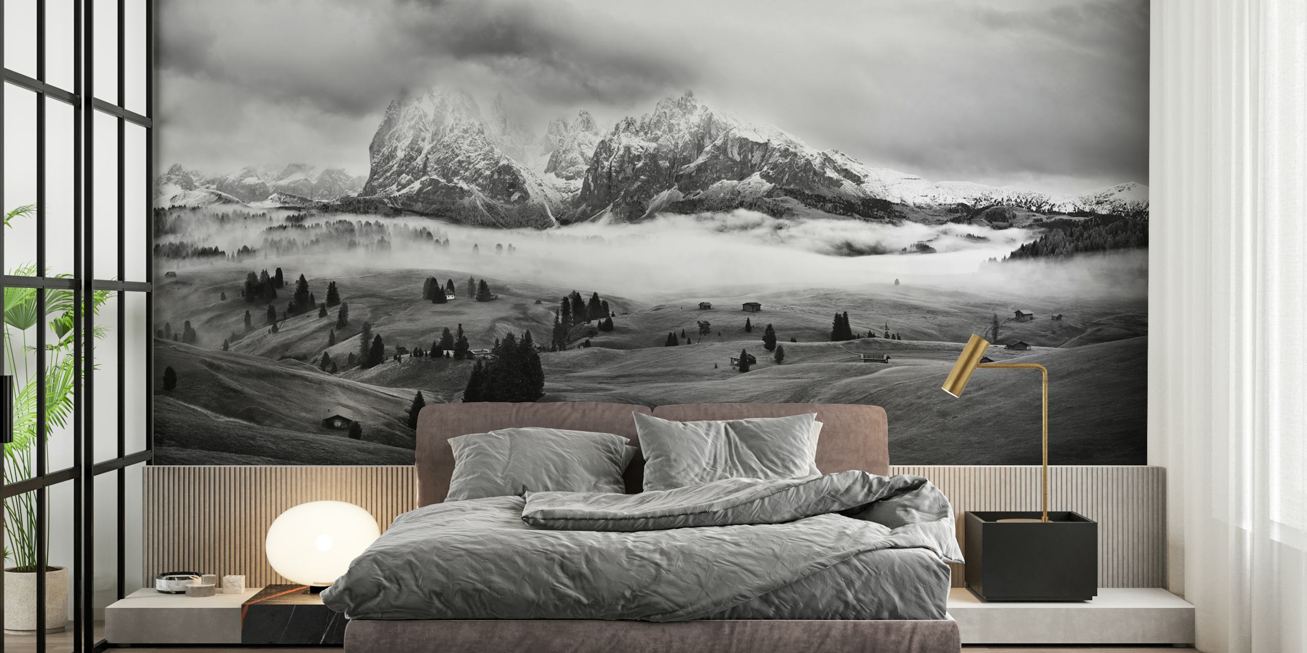 Foggy Dolomites mountains landscape in black and white wallpaper