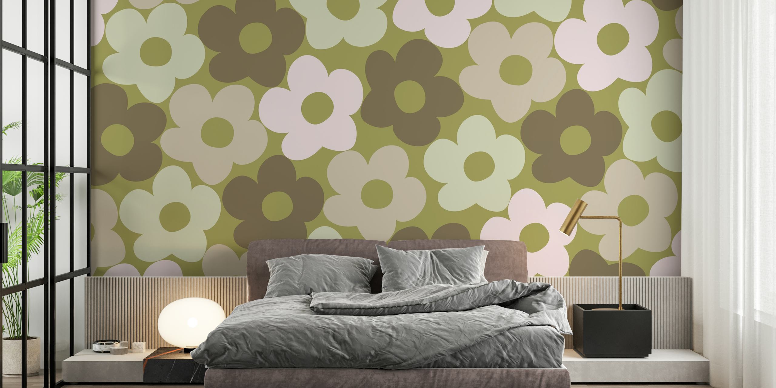 Carta da parati retrò Fall Daisies con fiori verde terra e crema