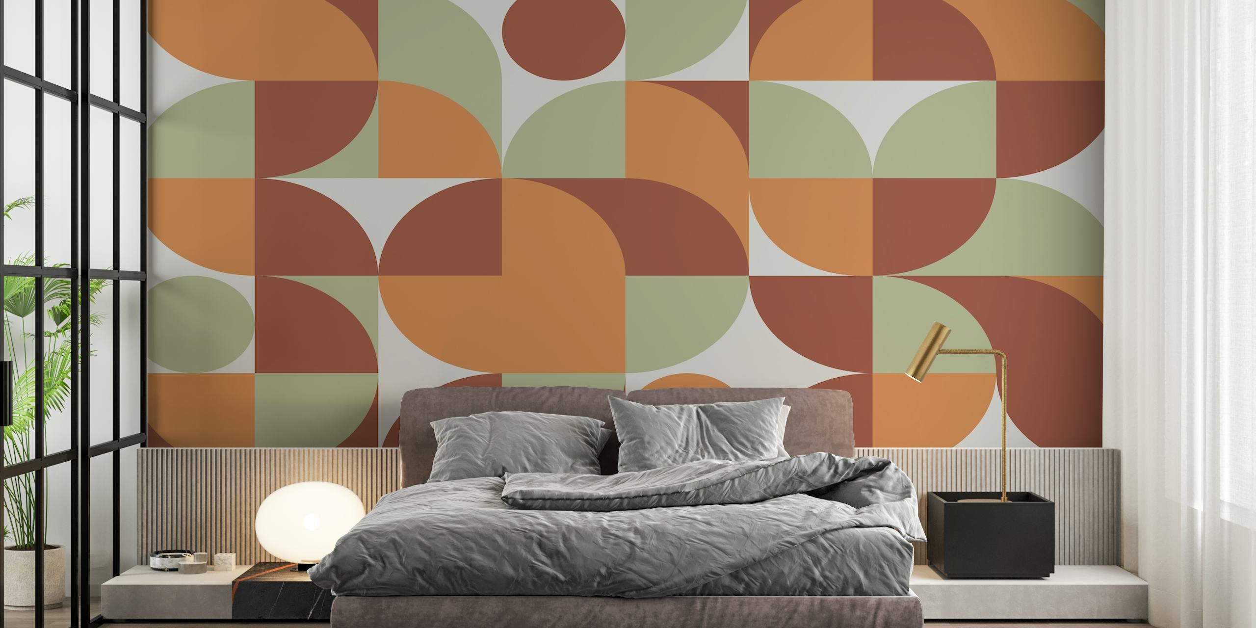 Mid-century modern geometric wall mural in orange and earth tones
