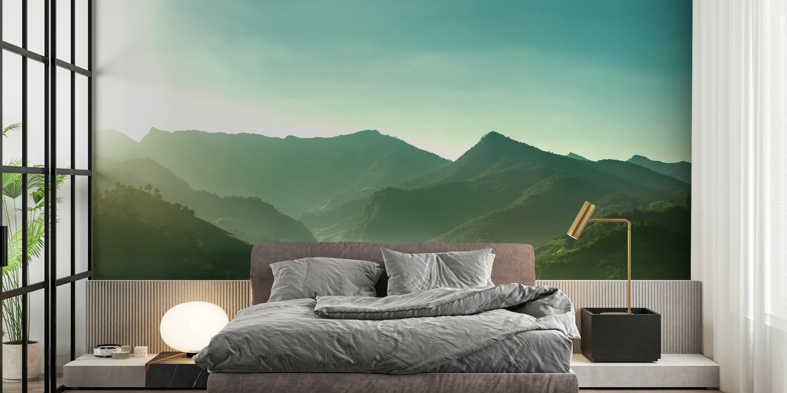Calm mountains in misty green tones wallpaper